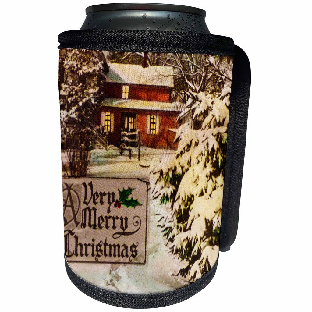 3dRose Scenes from the Past Magic Lantern - Vintage A Very Merry Christmas Winter Holiday Scene Magic Lantern - Can Cooler Bottle Wrap (cc_246442)