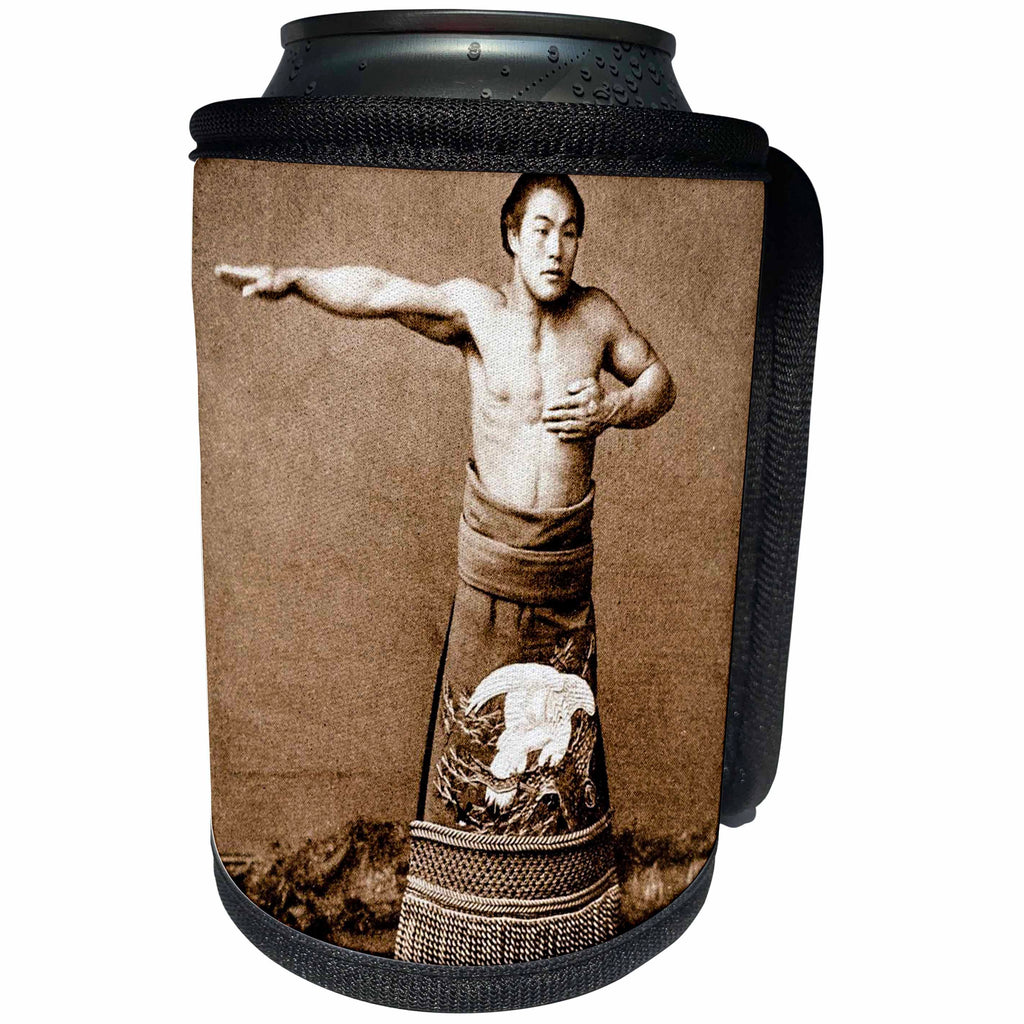 3dRose Scenes from the Past Magic Lantern Slides - Vintage Champion Sumo Wrestler in Old Japan Sepia Toned - Can Cooler Bottle Wrap (cc_246470)
