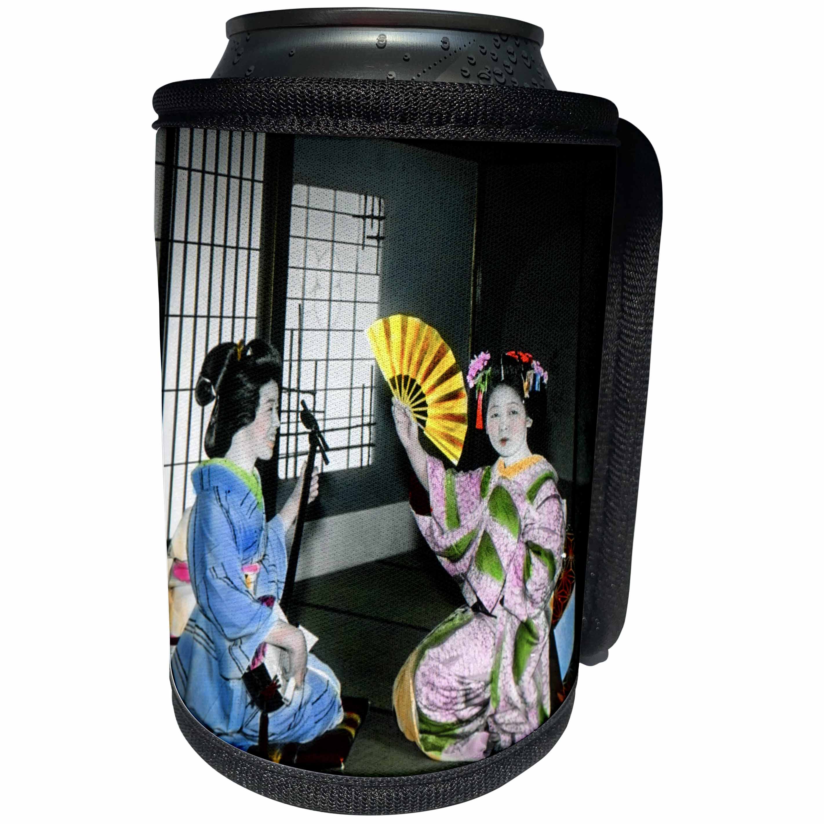 3dRose Scenes from the Past Magic Lantern Slides - Vintage Japanese Geisha Playing Shamisen for Her Maiko Old Japan - Can Cooler Bottle Wrap (cc_246486)