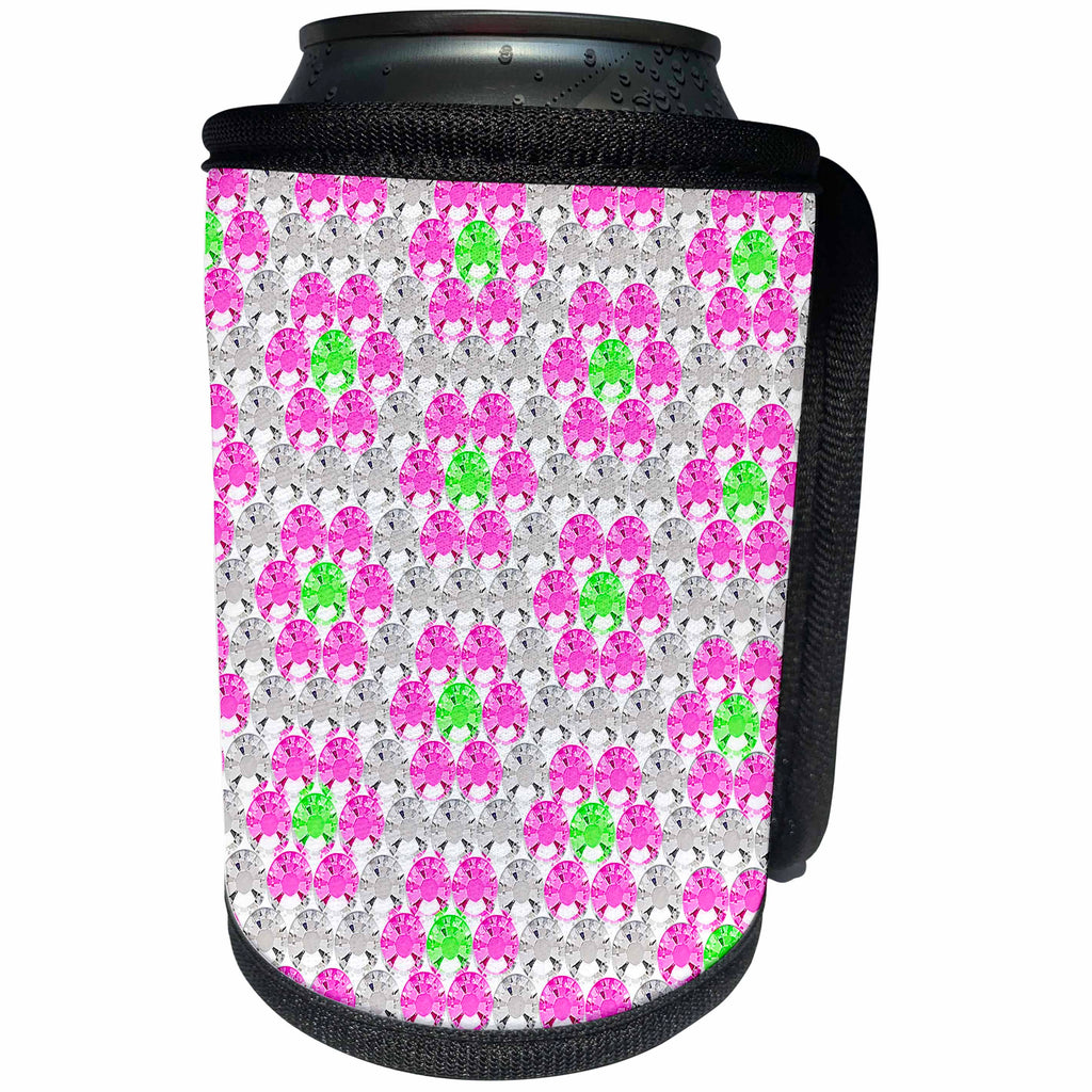 3dRose Janna Salak Designs Rhinestone Designs - Clear Pink Green Rhinestone Gem Print - Can Cooler Bottle Wrap (cc_24653)
