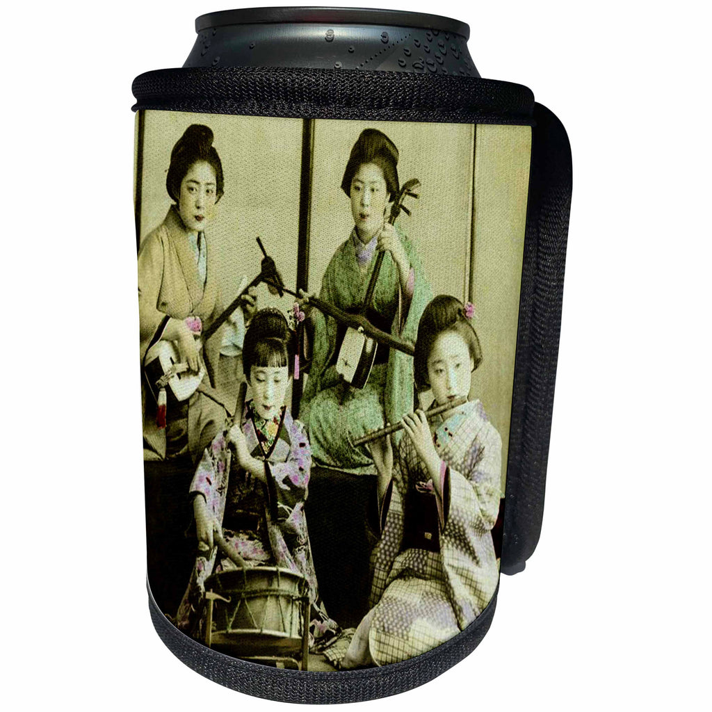 3dRose Scenes from the Past Magic Lantern Slides - Vintage Japanese Group of Geishas Playing Traditional Music - Can Cooler Bottle Wrap (cc_246539)