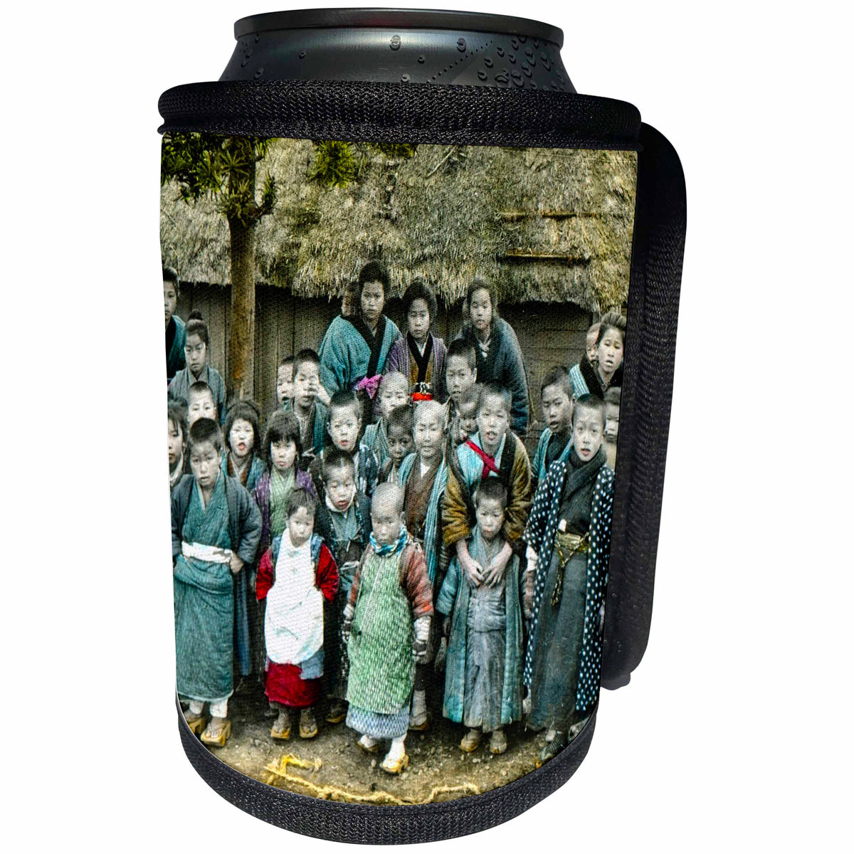 3dRose Scenes from the Past Magic Lantern Slides - Vintage Japanese Village Children Gather for a Group Photo Old Japan - Can Cooler Bottle Wrap (cc_246551)