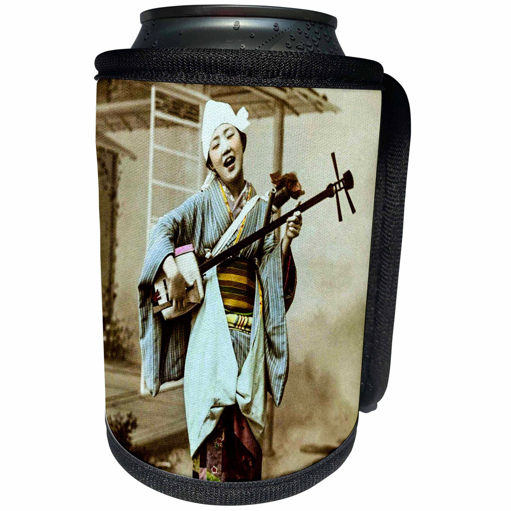 3dRose Scenes from the Past Magic Lantern Slides - Vintage Japanese Geisha Playing the Shamisen Dressed as Minstrel - Can Cooler Bottle Wrap (cc_246569)