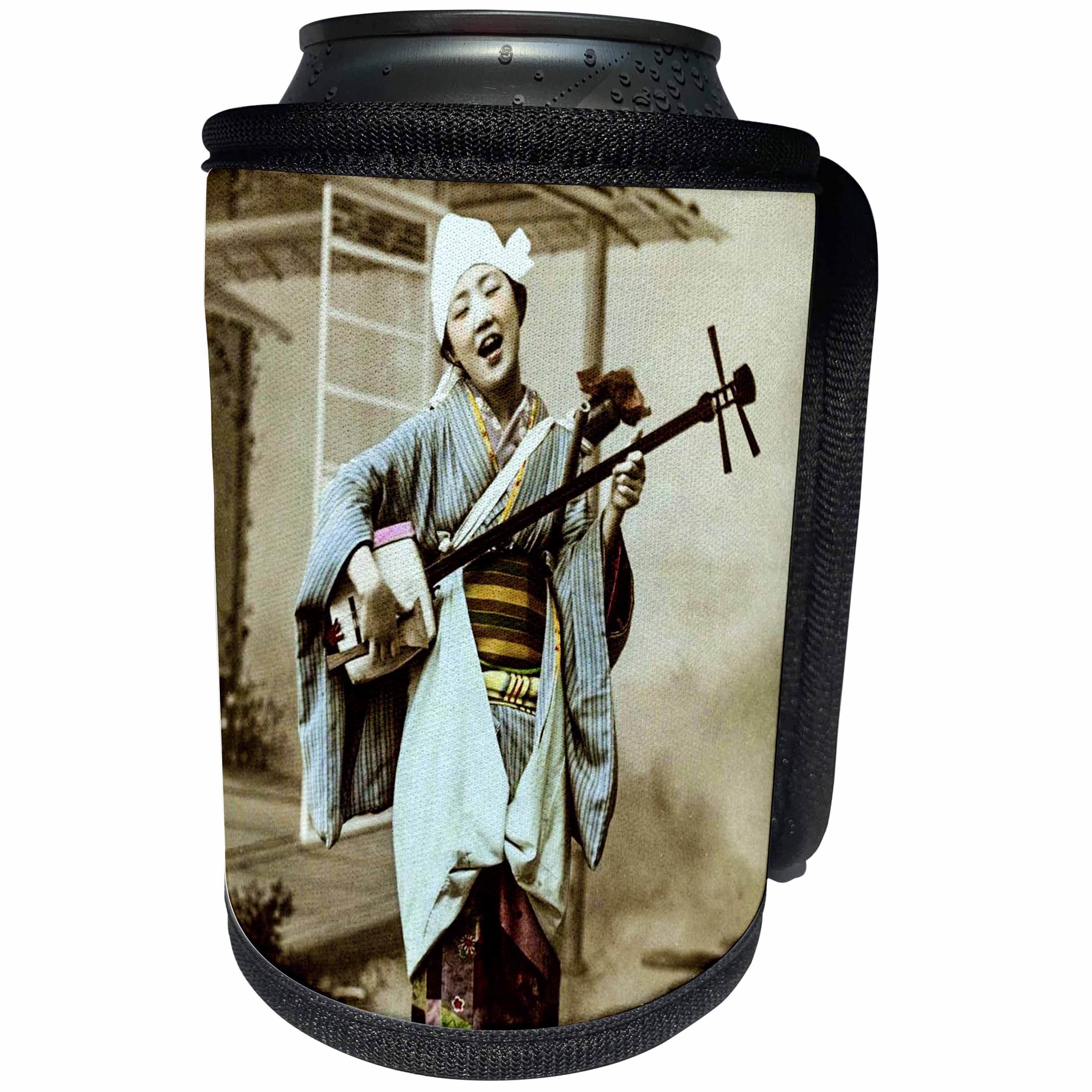 3dRose Scenes from the Past Magic Lantern Slides - Vintage Japanese Geisha Playing the Shamisen Dressed as Minstrel - Can Cooler Bottle Wrap (cc_246569)