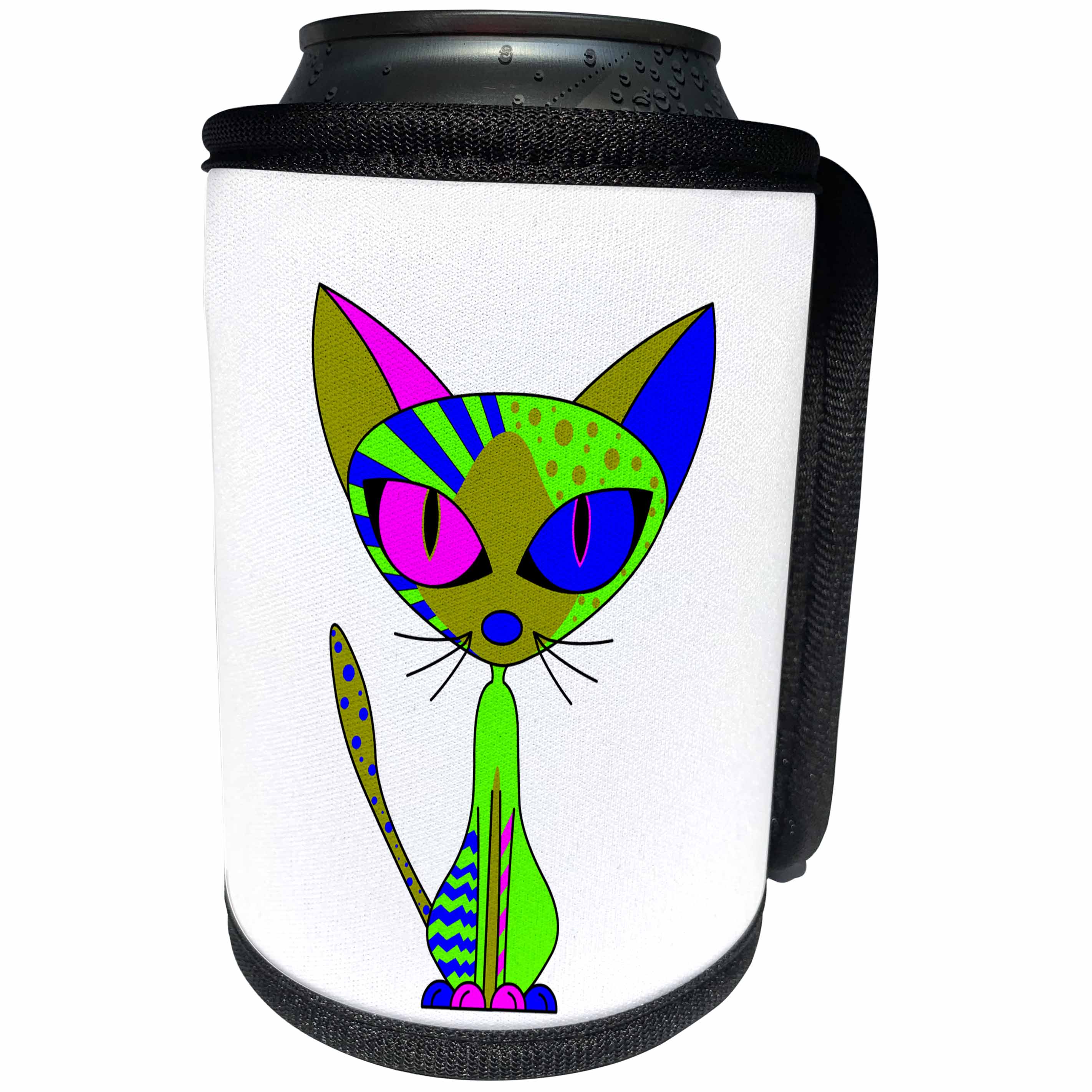 3dRose Janna Salak Designs Cats - Cattitude 3 Cute Colorful Cat Pink Moss Green Blue - Can Cooler Bottle Wrap (cc_24723)