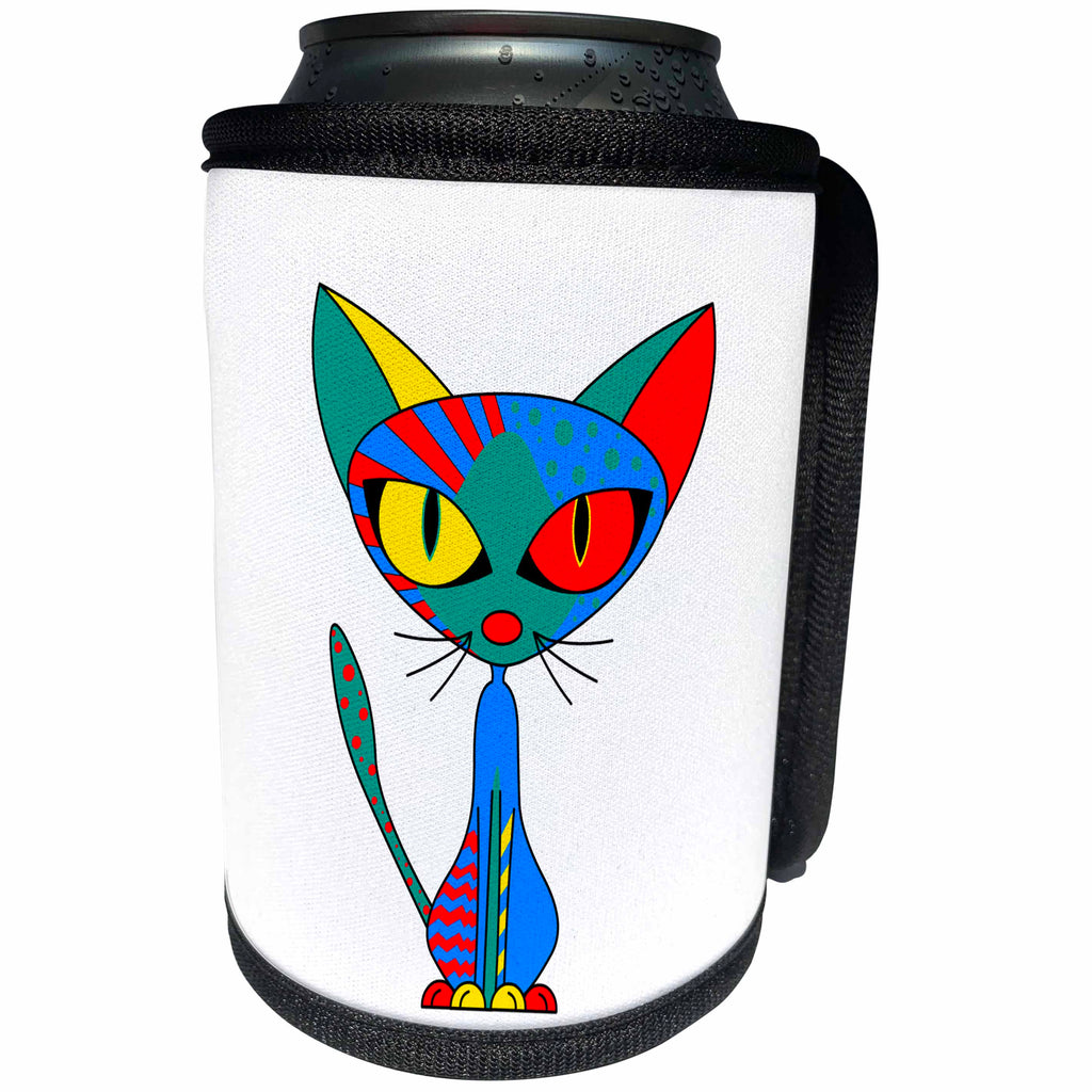 3dRose Janna Salak Designs Cats - Cattitude 4 Cute Colorful Cat Blue Red Yellow - Can Cooler Bottle Wrap (cc_24724)