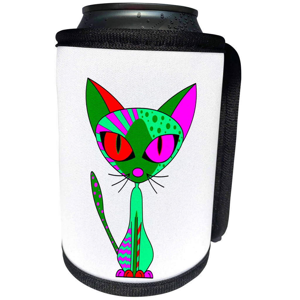 3dRose Janna Salak Designs Cats - Cattitude 5 Cute Colorful Cat Green Red Pink Mint - Can Cooler Bottle Wrap (cc_24725)