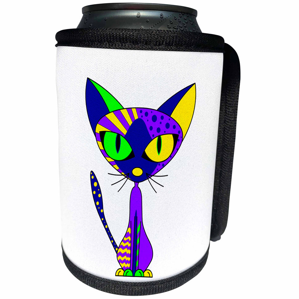 3dRose Janna Salak Designs Cats - Cattitude 6 Cute Colorful Cat Purple Yellow Blue Green - Can Cooler Bottle Wrap (cc_24726)