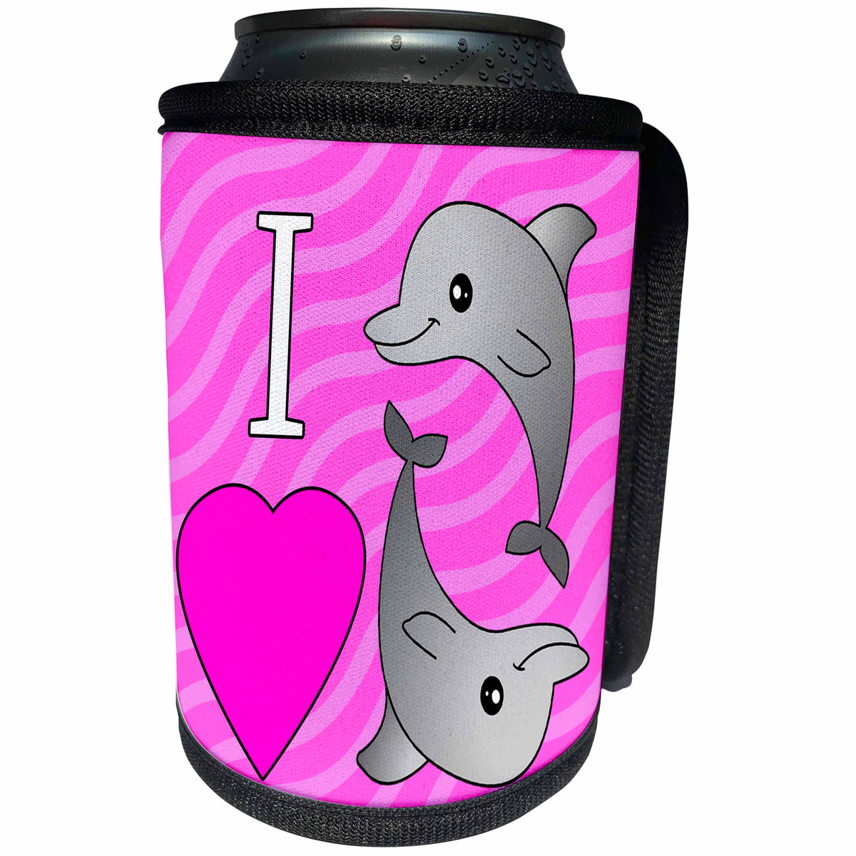 3dRose Janna Salak Designs Under the Sea - I Love Dolphins Pink - Can Cooler Bottle Wrap (cc_24728)