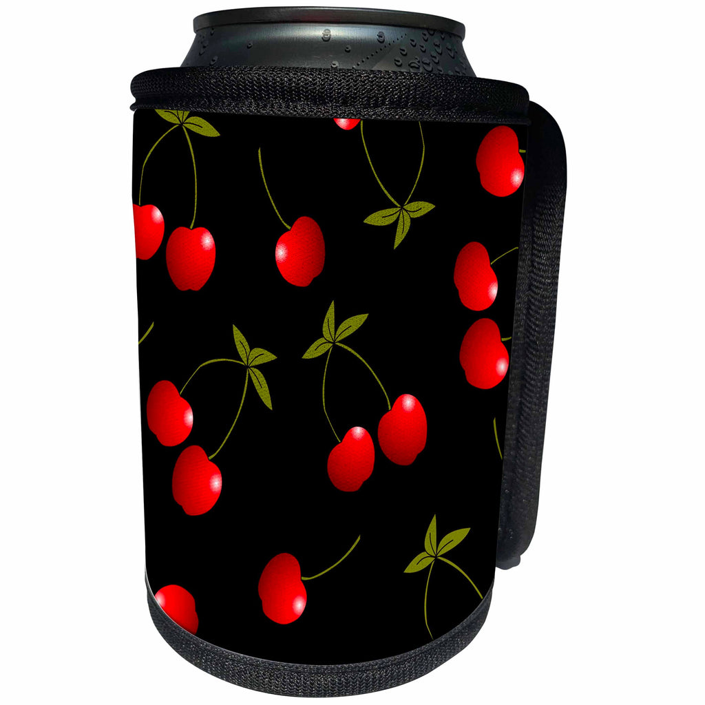 3dRose Janna Salak Designs Prints and Patterns - Cherry Print Juicy Red Cherries on Black - Can Cooler Bottle Wrap (cc_24730)