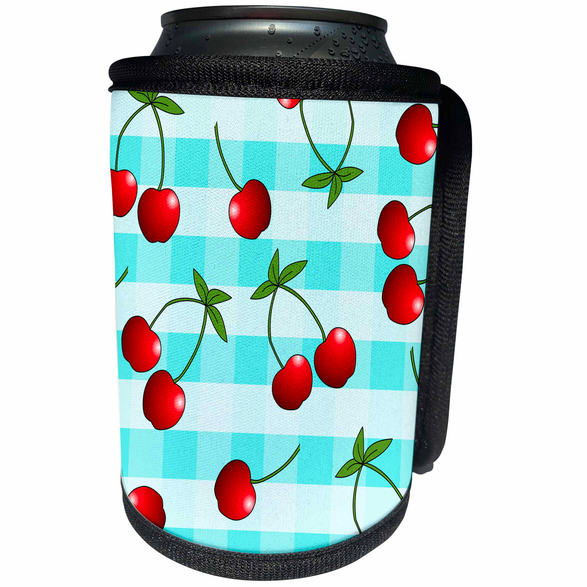 3dRose Janna Salak Designs Prints and Patterns - Cherry Print Juicy Red Cherries on Blue Check - Can Cooler Bottle Wrap (cc_24732)