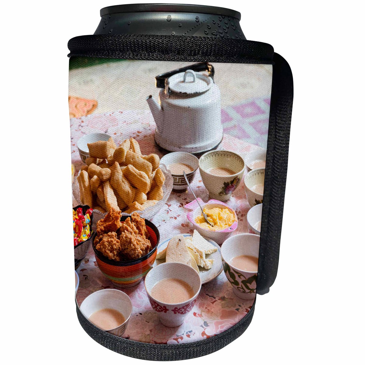 3dRose Danita Delimont - Mongolia - Western Mongolia, Bayan-Olgii. Suhayt, meal inside nomad tent. - Can Cooler Bottle Wrap (cc_247810)