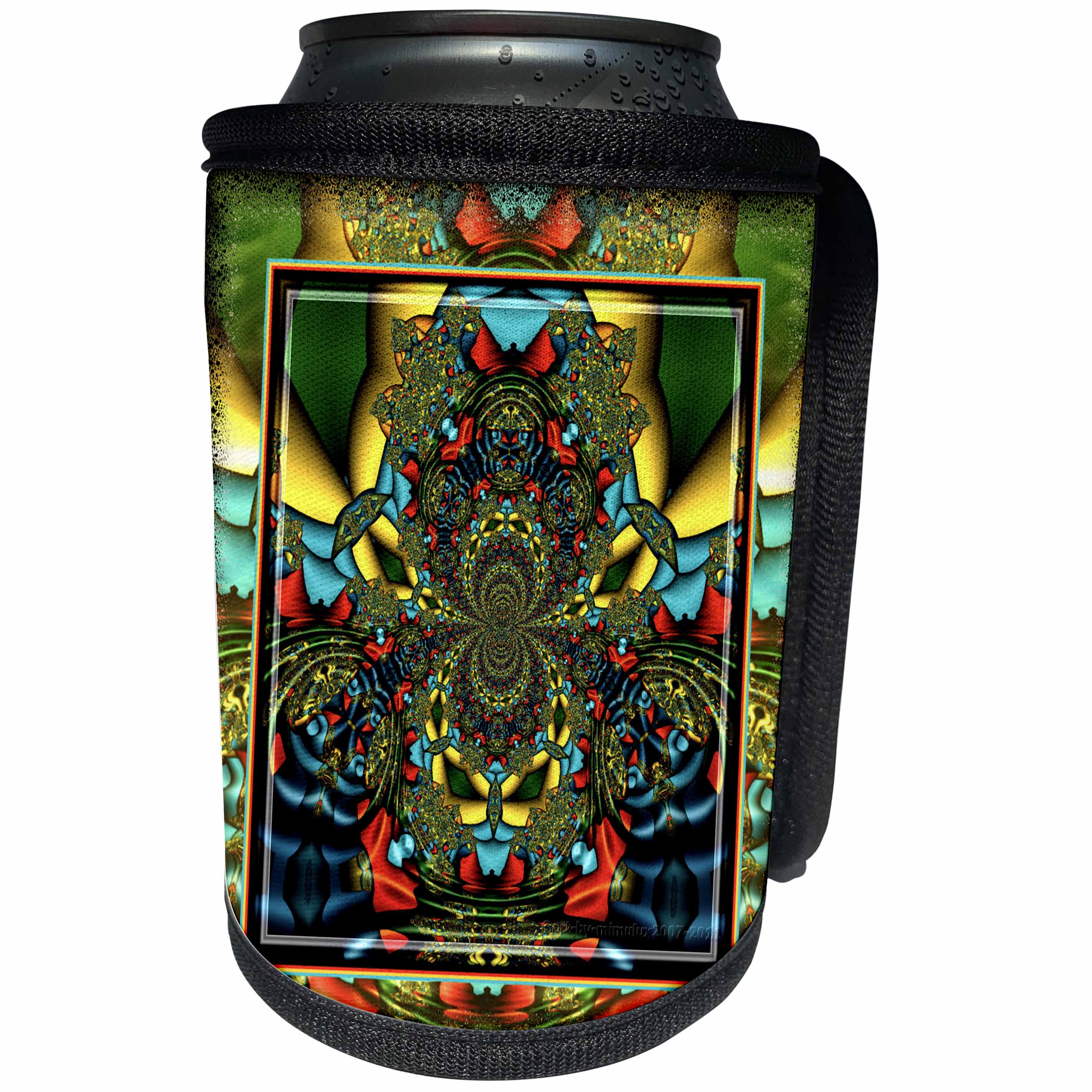 3dRose mimulux Psychedellic Art - PSYCHEDELLICA 2 hippie flowerpower retro fractal psychedellic red yellow blue retro oriental - Can Cooler Bottle Wrap (cc_24841)