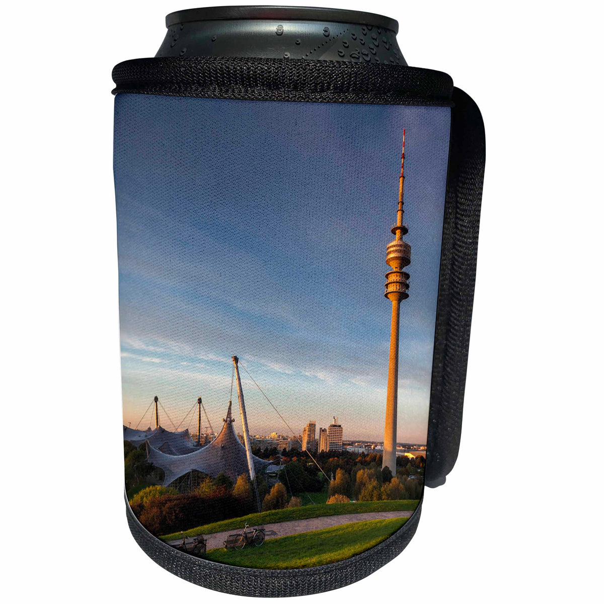 3dRose Danita Delimont - Munich - Germany, Bavaria, Munich, Olympic Park, Olympia Tower, sunset, fall - Can Cooler Bottle Wrap (cc_248920)