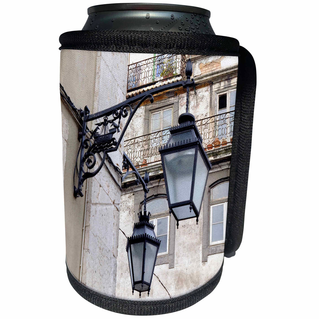 3dRose Danita Delimont - Lisbon - Portugal, Lisbon. Wrought iron street lights on building - Can Cooler Bottle Wrap (cc_249401)
