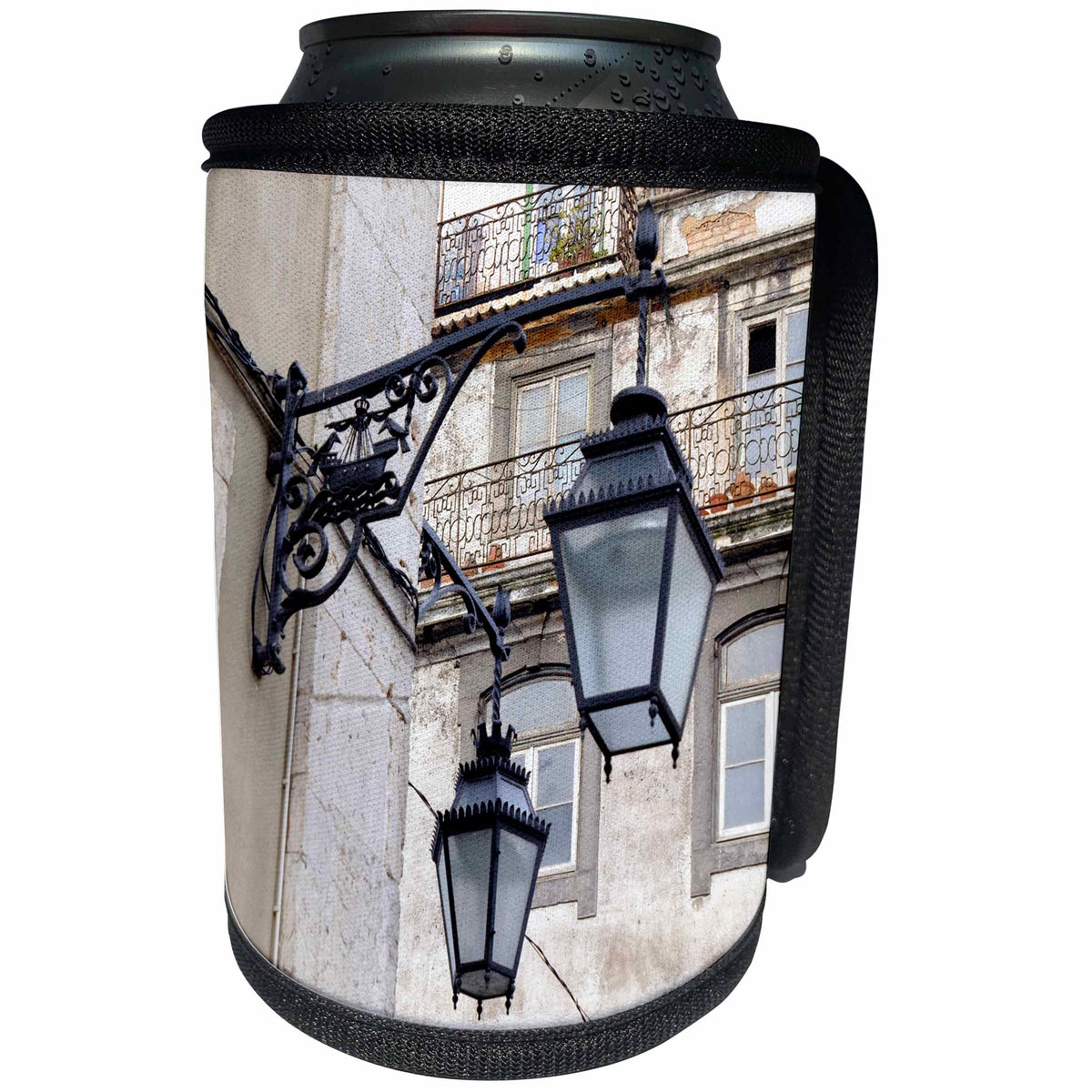 3dRose Danita Delimont - Lisbon - Portugal, Lisbon. Wrought iron street lights on building - Can Cooler Bottle Wrap (cc_249401)