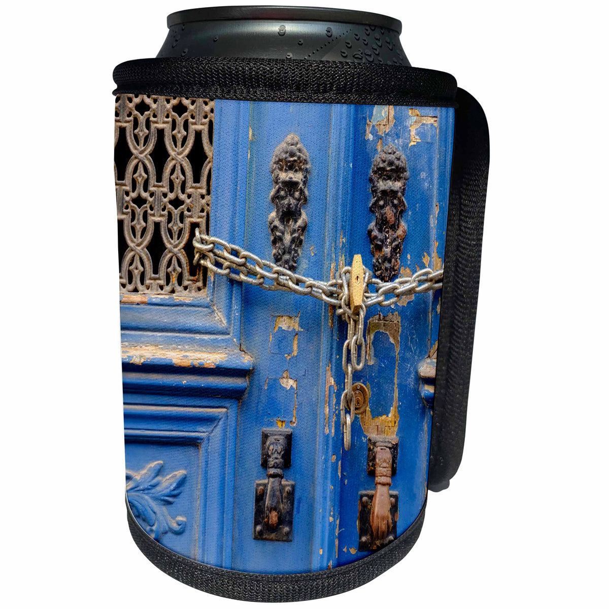 3dRose Danita Delimont - Lisbon - Portugal, Lisbon. Blue door, chain lock, Hand of Fatima door knockers. - Can Cooler Bottle Wrap (cc_249438)