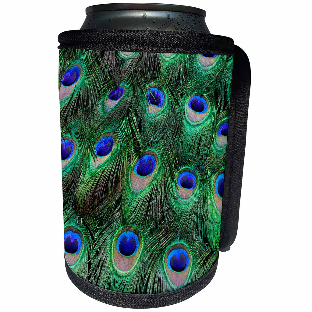 3dRose Danita Delimont - Feathers - Eye spots on Male Peacock tail feathers fanned out in designed pattern - Can Cooler Bottle Wrap (cc_250296)