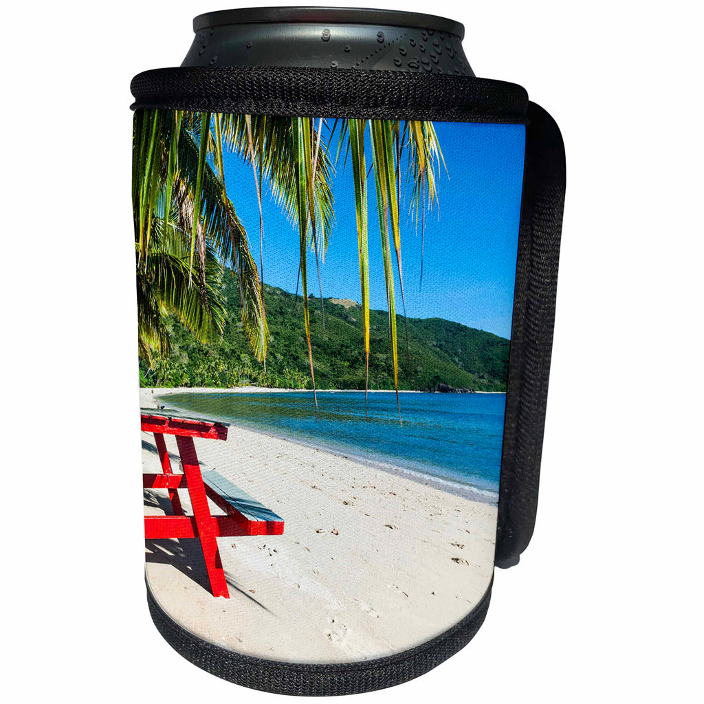 3dRose Danita Delimont - Fiji - Red table on white sandy beach, Naviti, Yasawa, Fiji, South Pacific - Can Cooler Bottle Wrap (cc_250326)