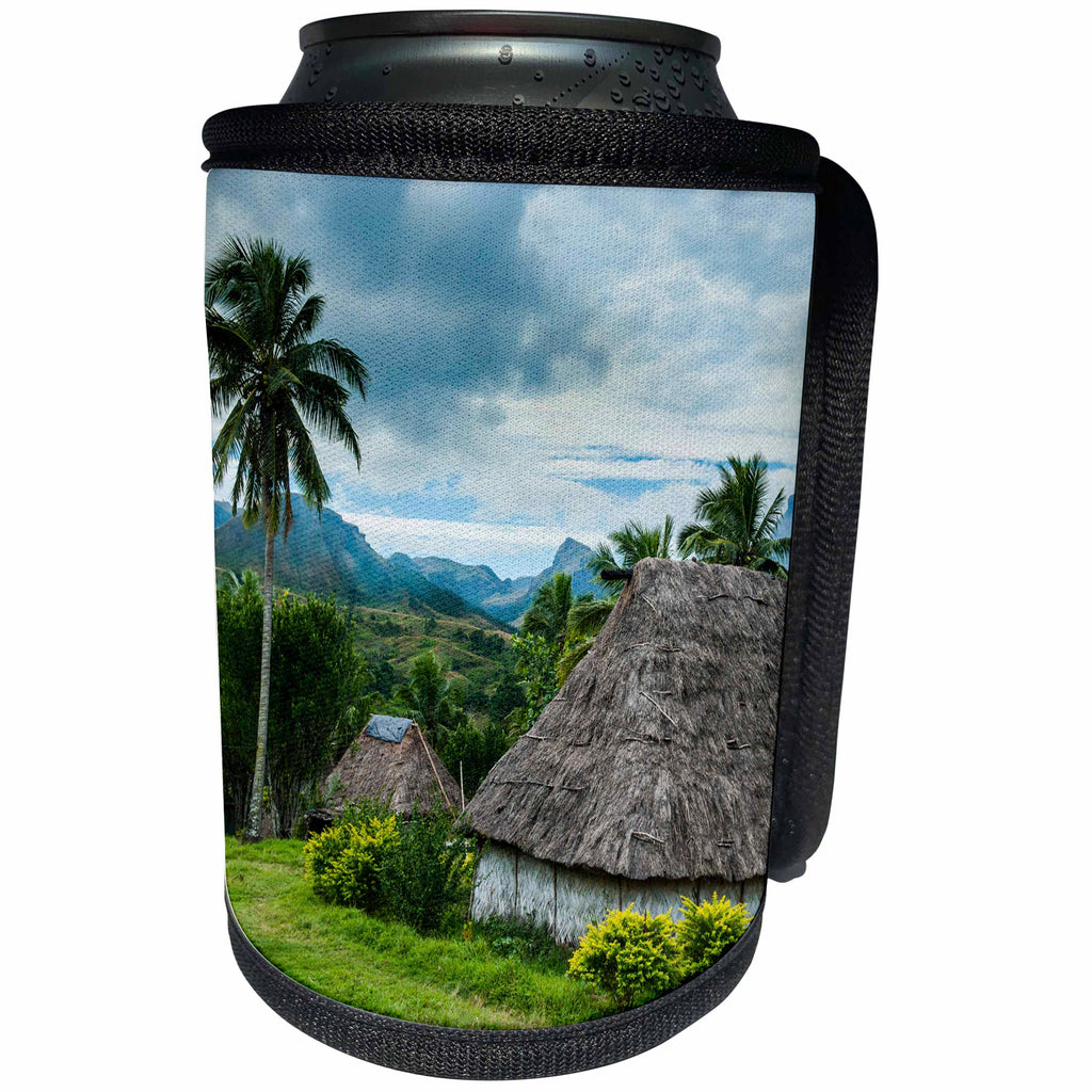 3dRose Danita Delimont - Fiji - Thatched roofed huts in Navala, the Ba Highlands of Viti Levu, Fiji - Can Cooler Bottle Wrap (cc_250337)