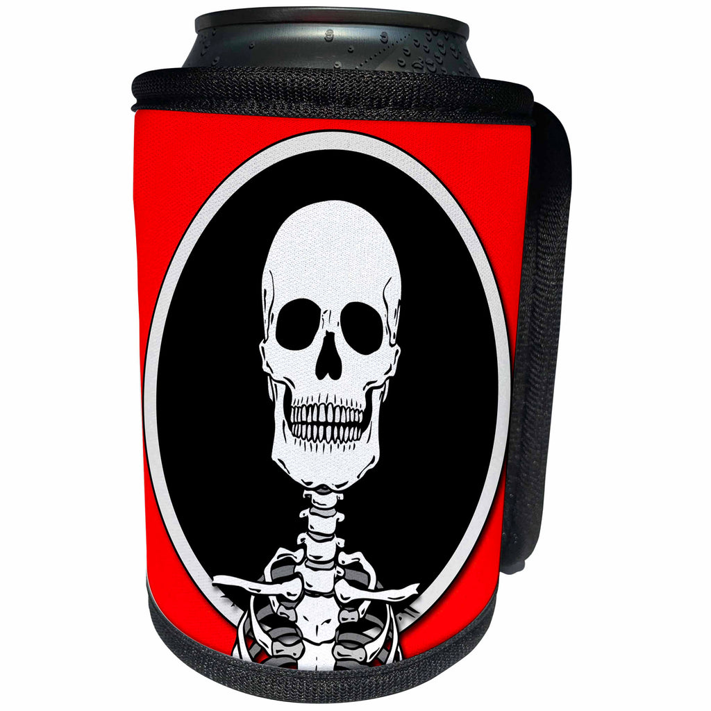 3dRose Mark Grace ZOMBIE SURVIVORS Skeletons - SKELETONS skull 1 on red - Can Cooler Bottle Wrap (cc_25042)