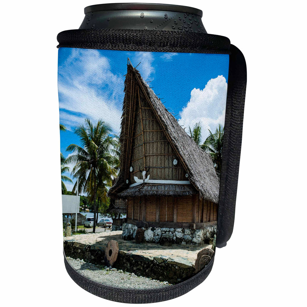 3dRose Danita Delimont - Micronesia - Traditional house with stone money in front, Island of Yap, Micronesia - Can Cooler Bottle Wrap (cc_250433)