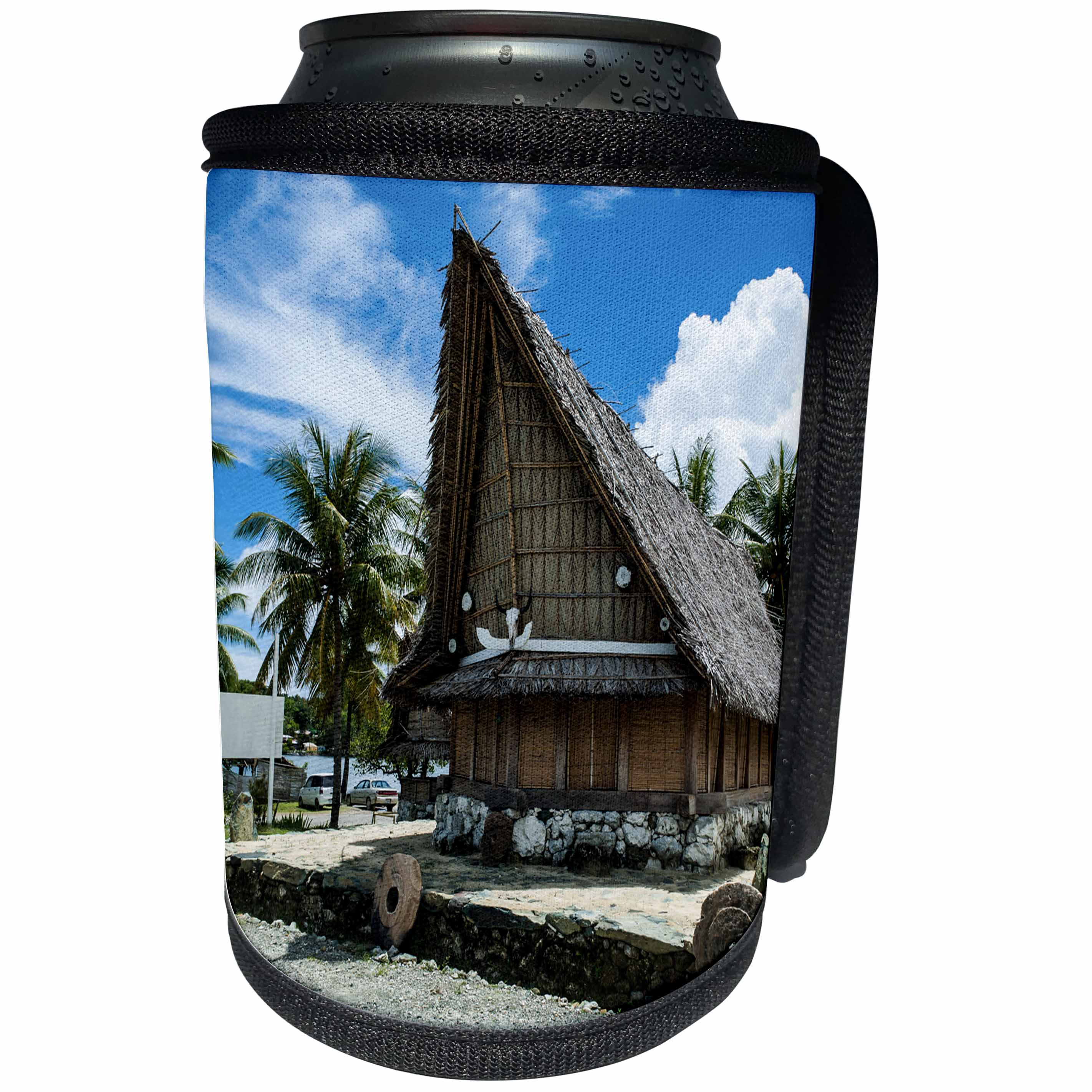 3dRose Danita Delimont - Micronesia - Traditional house with stone money in front, Island of Yap, Micronesia - Can Cooler Bottle Wrap (cc_250433)