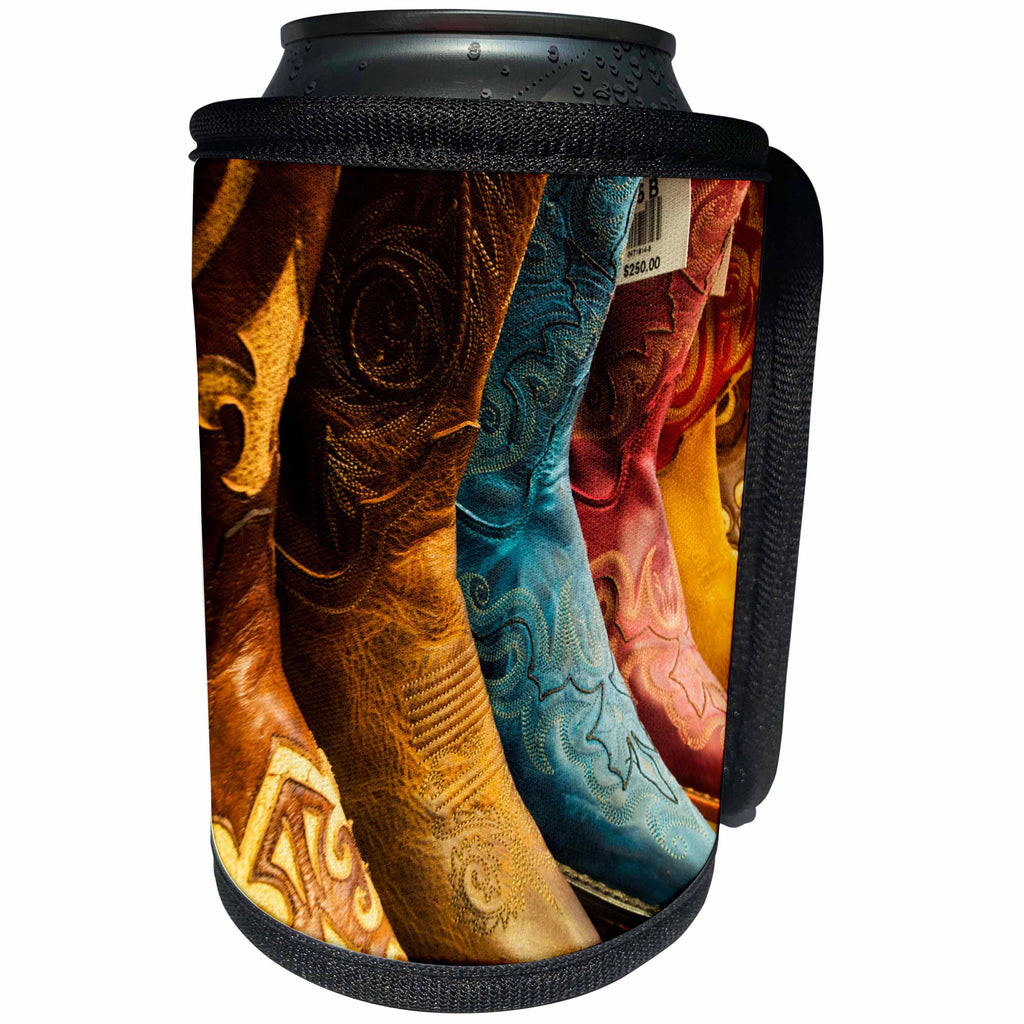 3dRose Danita Delimont - Scottsdale - Arizona, Old Scottsdale, Line up of new cowboy boots - Can Cooler Bottle Wrap (cc_250540)