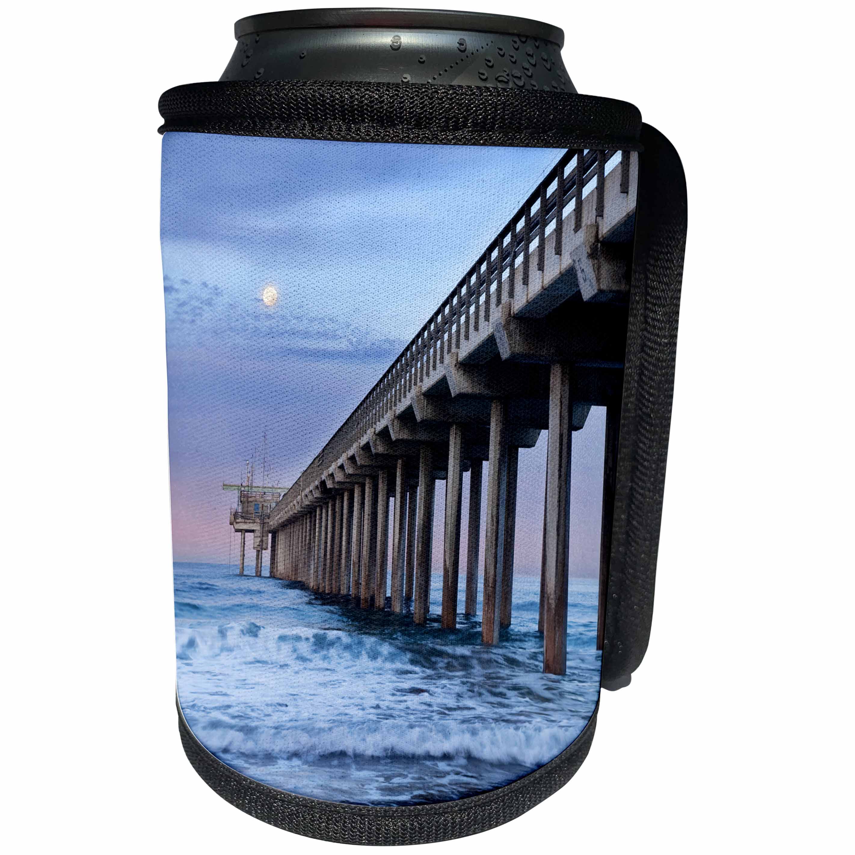 3dRose Danita Delimont - La Jolla - California, La Jolla. Full moon setting at dawn over Scripps Pier - Can Cooler Bottle Wrap (cc_250549)