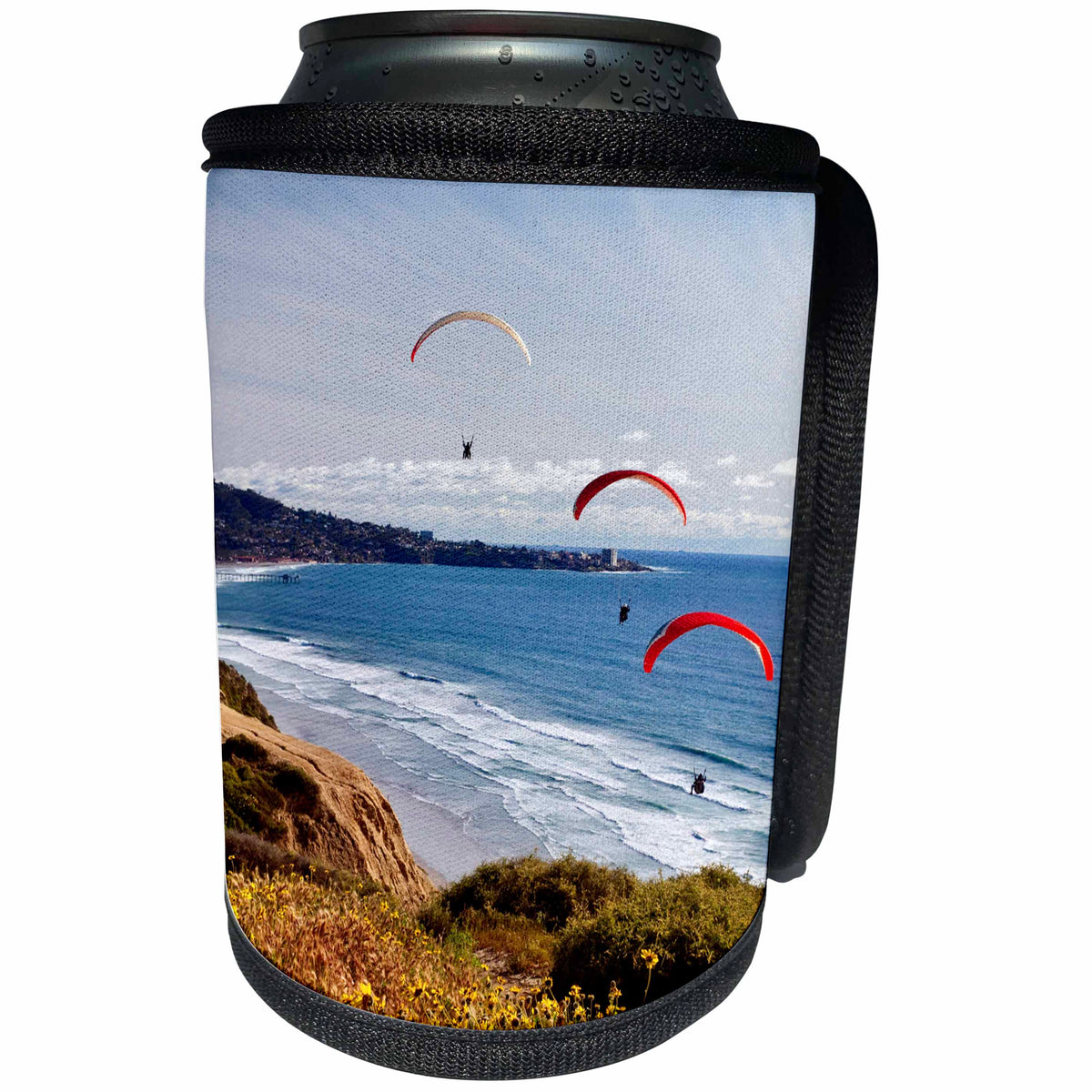 3dRose Danita Delimont - La Jolla - California, La Jolla. Paragliders float toward La Jolla Shores - Can Cooler Bottle Wrap (cc_250552)