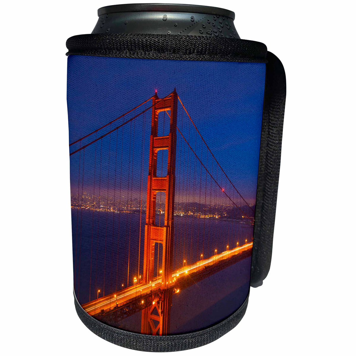3dRose Danita Delimont - San Francisco - California, San Francisco. Golden Gate Bridge lit at night. - Can Cooler Bottle Wrap (cc_250657)