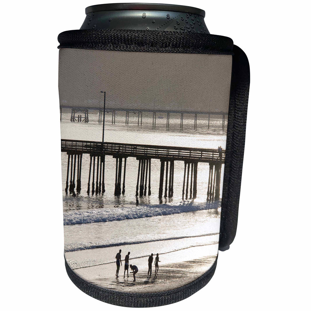 3dRose Danita Delimont - California - California, Avila Beach. Silhouetted beach walkers near pier - Can Cooler Bottle Wrap (cc_250665)