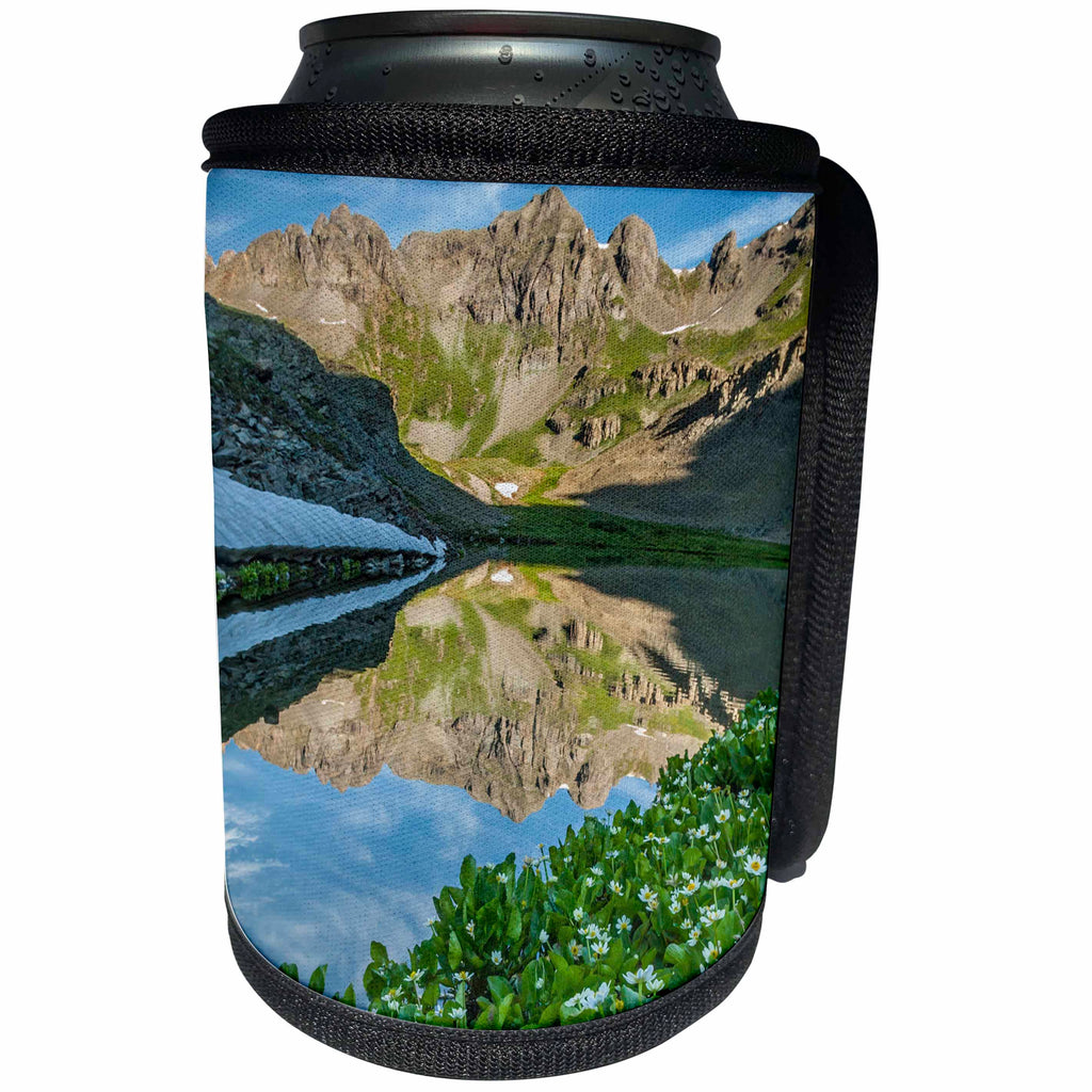 3dRose Danita Delimont - San Juan Mountains - Colorado, San Juan Mountains. Clear Lake reflection and marigolds. - Can Cooler Bottle Wrap (cc_250683)