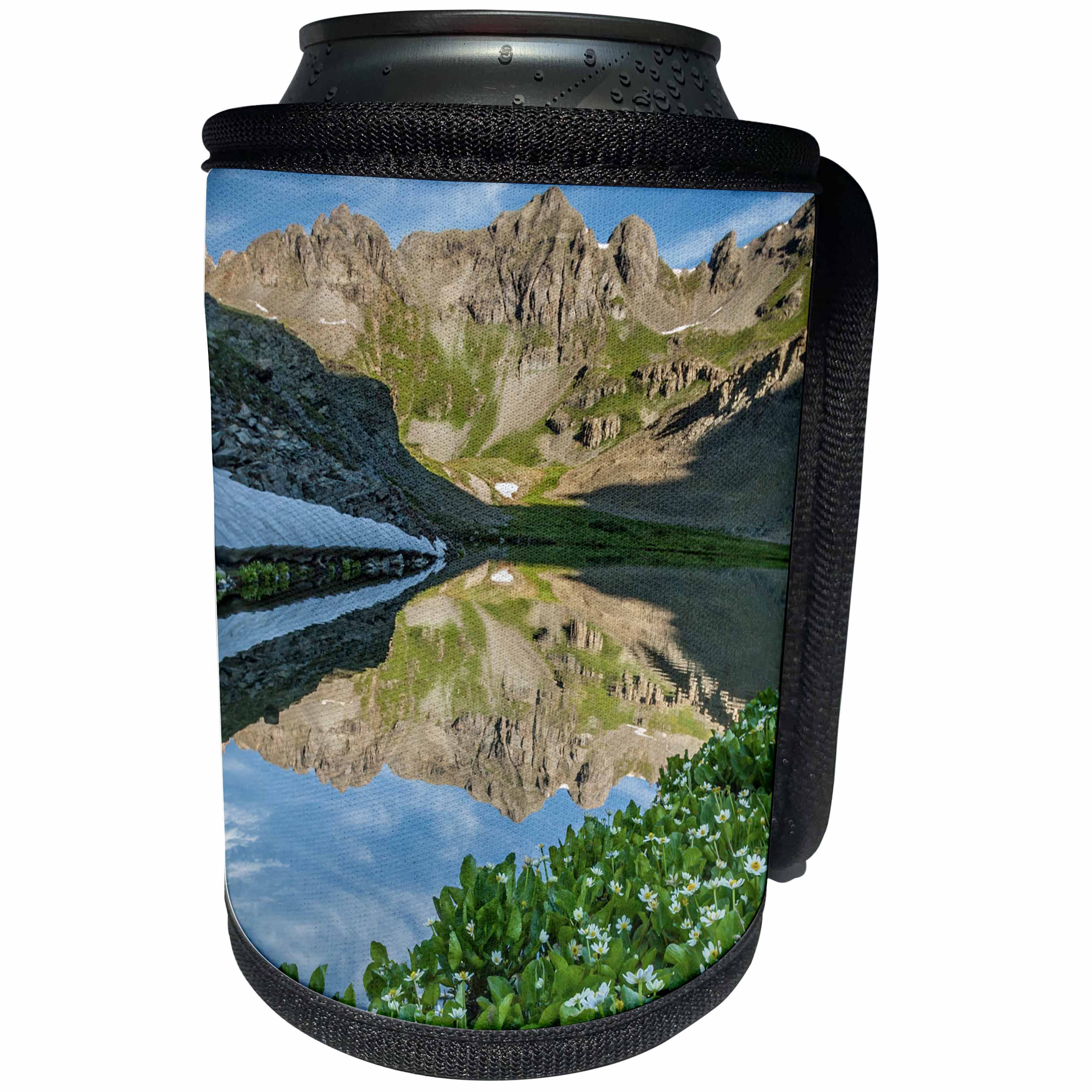 3dRose Danita Delimont - San Juan Mountains - Colorado, San Juan Mountains. Clear Lake reflection and marigolds. - Can Cooler Bottle Wrap (cc_250683)