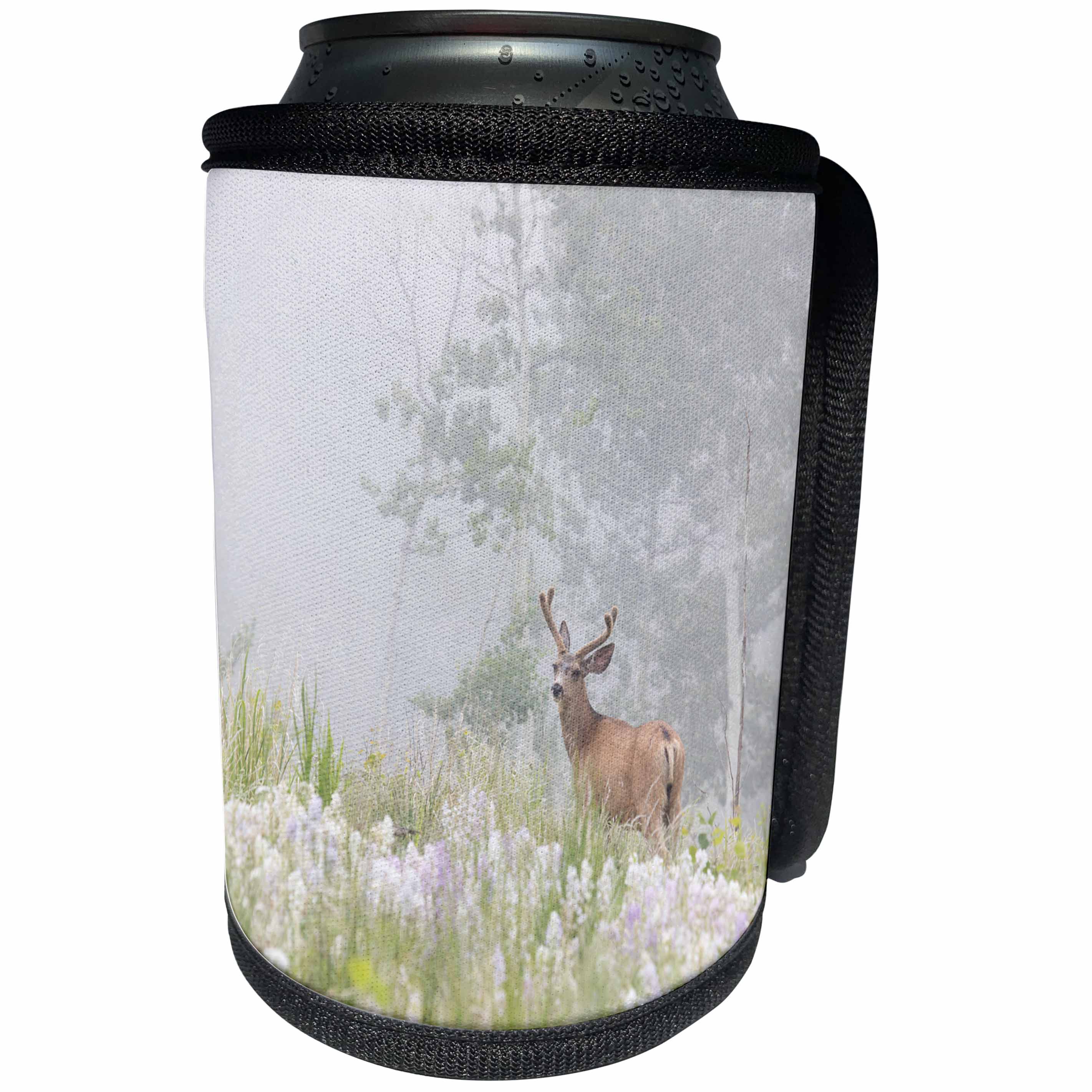 3dRose Danita Delimont - Pike National Forest - Colorado, Pike National Forest. A male mule deer in foggy meadow - Can Cooler Bottle Wrap (cc_250690)