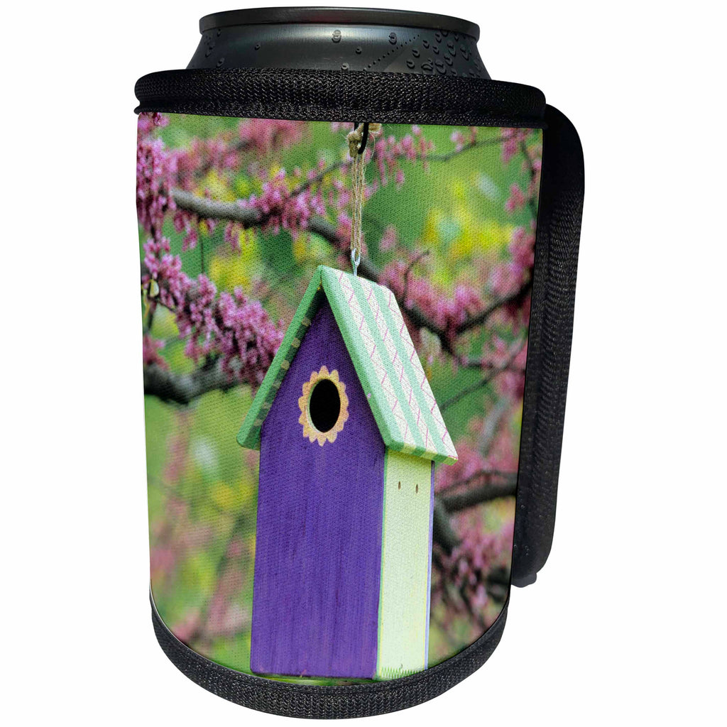 3dRose Danita Delimont - Bird House - Bird house nest box in Eastern Redbud tree in spring, Marion, IL - Can Cooler Bottle Wrap (cc_250846)