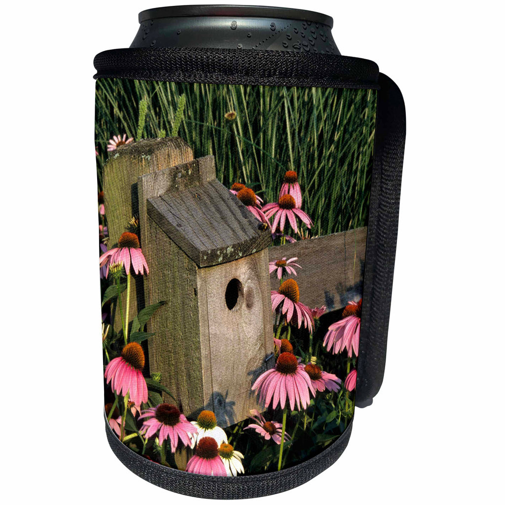 3dRose Danita Delimont - Bird House - Bluebird nest Box on Fence Near Purple Coneflowers, Marion, IL - Can Cooler Bottle Wrap (cc_250849)