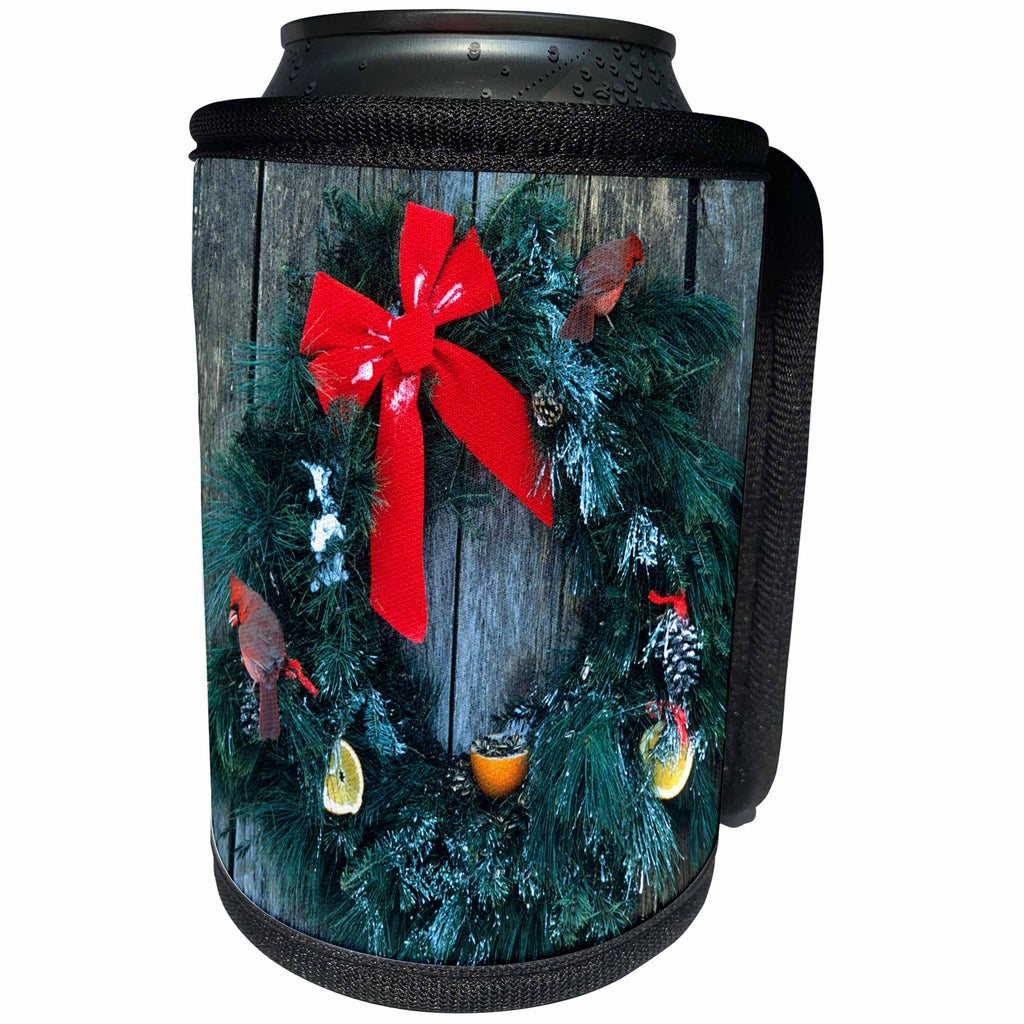 3dRose Danita Delimont - Cardinal - Northern Cardinals Males on Holiday Wreath Made for Birds on barn Door - Can Cooler Bottle Wrap (cc_250902)