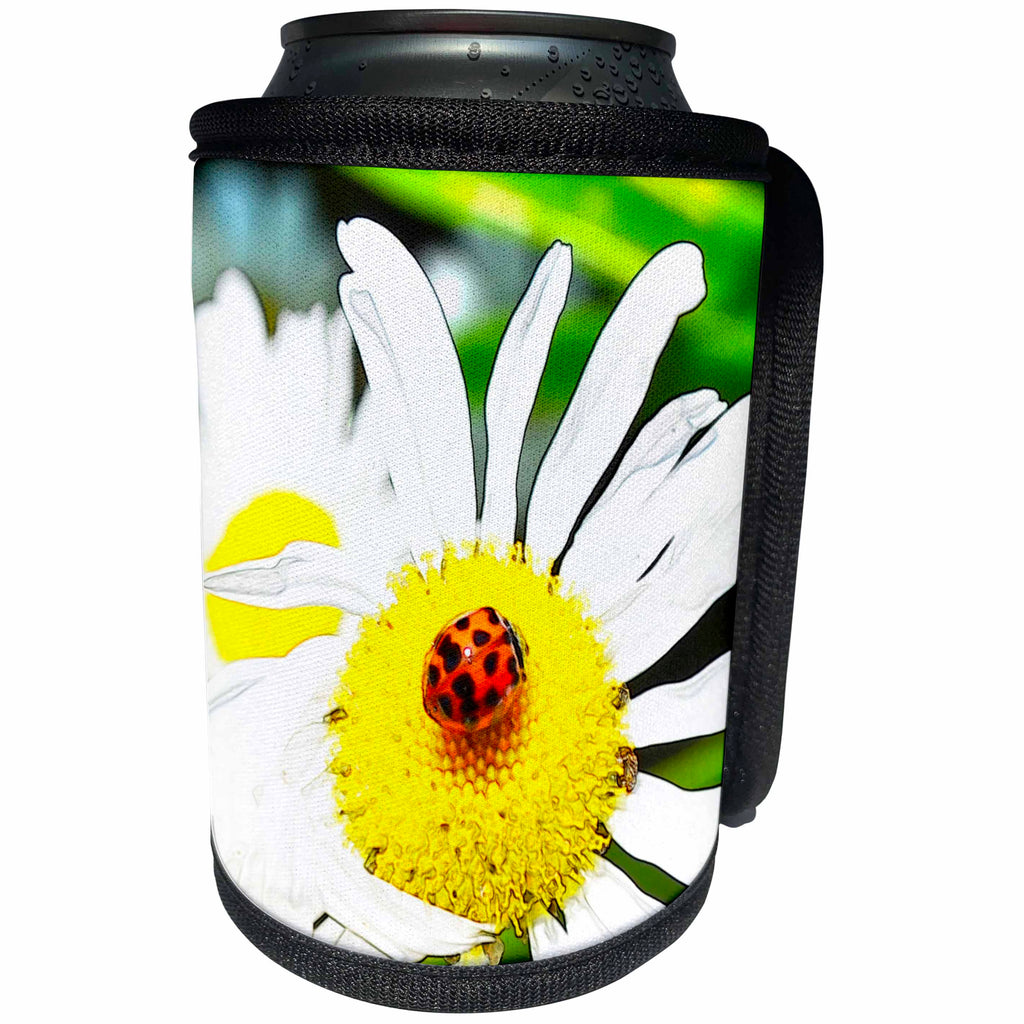 3dRose Patricia Sanders Flowers - Ladybug Design - Can Cooler Bottle Wrap (cc_25099)
