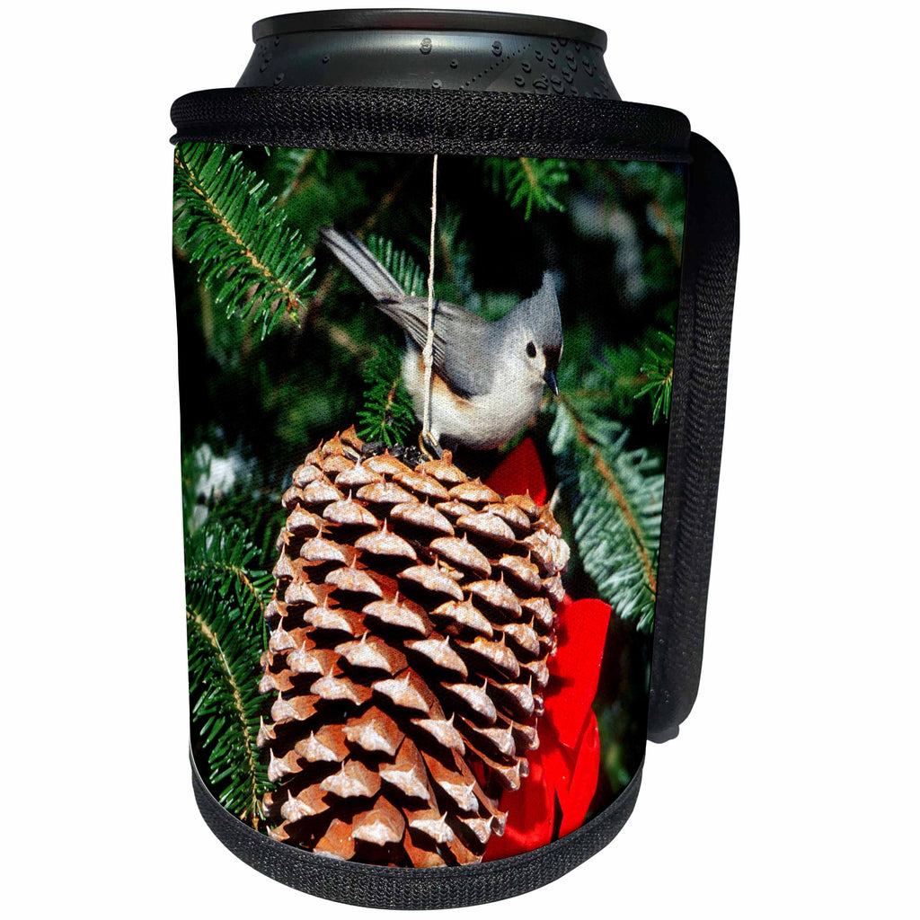 3dRose Danita Delimont - Bird - Tufted Titmouse on pine cone in winter, Marion County, Illinois - Can Cooler Bottle Wrap (cc_250999)