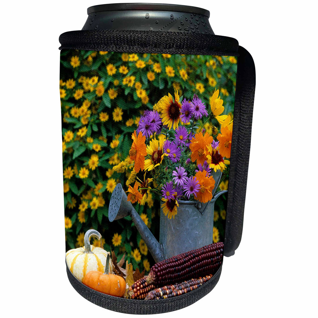 3dRose Danita Delimont - Autumn - Autumn display of flowers in watering can, gourds, pumpkins, corn. - Can Cooler Bottle Wrap (cc_251028)