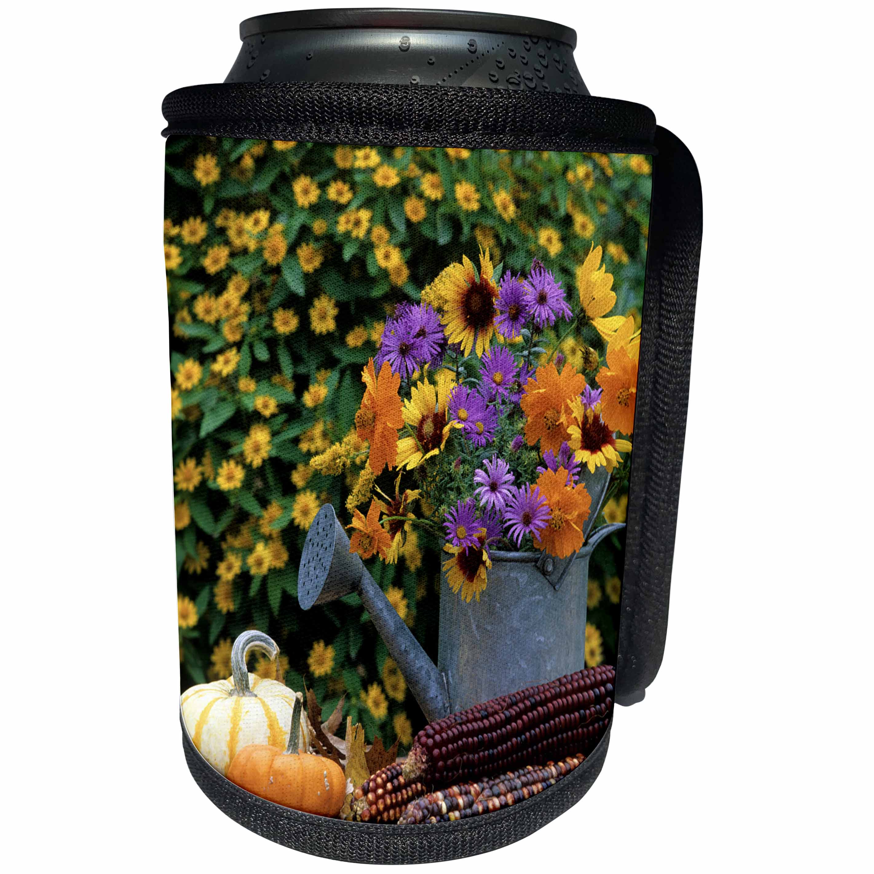 3dRose Danita Delimont - Autumn - Autumn display of flowers in watering can, gourds, pumpkins, corn. - Can Cooler Bottle Wrap (cc_251028)