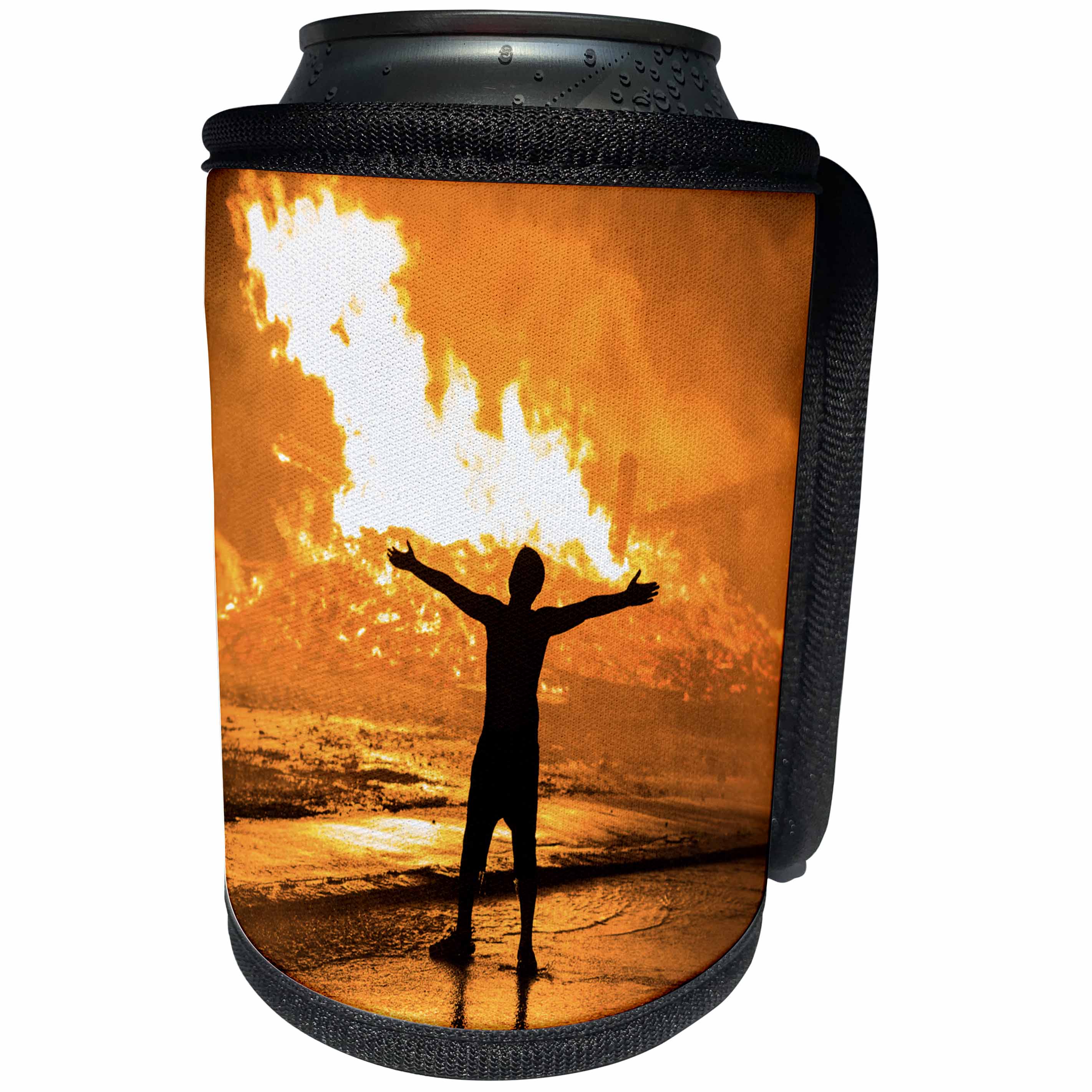 3dRose Danita Delimont - Massachusetts - Massachusetts, Rockport, Fourth of July bonfire, silhouette 02 - Can Cooler Bottle Wrap (cc_251166)