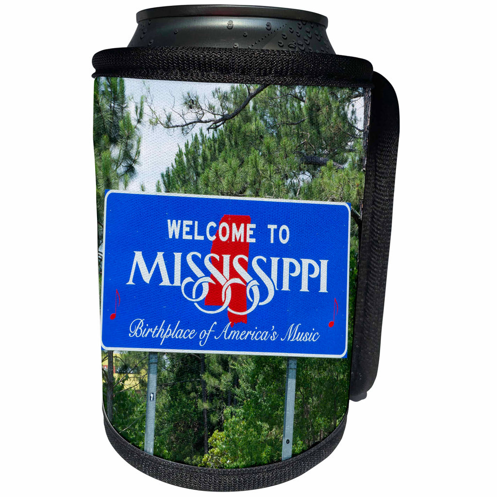 3dRose Danita Delimont - Mississippi - Sign for Welcome to Mississippi Birthplace of American Music - Can Cooler Bottle Wrap (cc_251177)