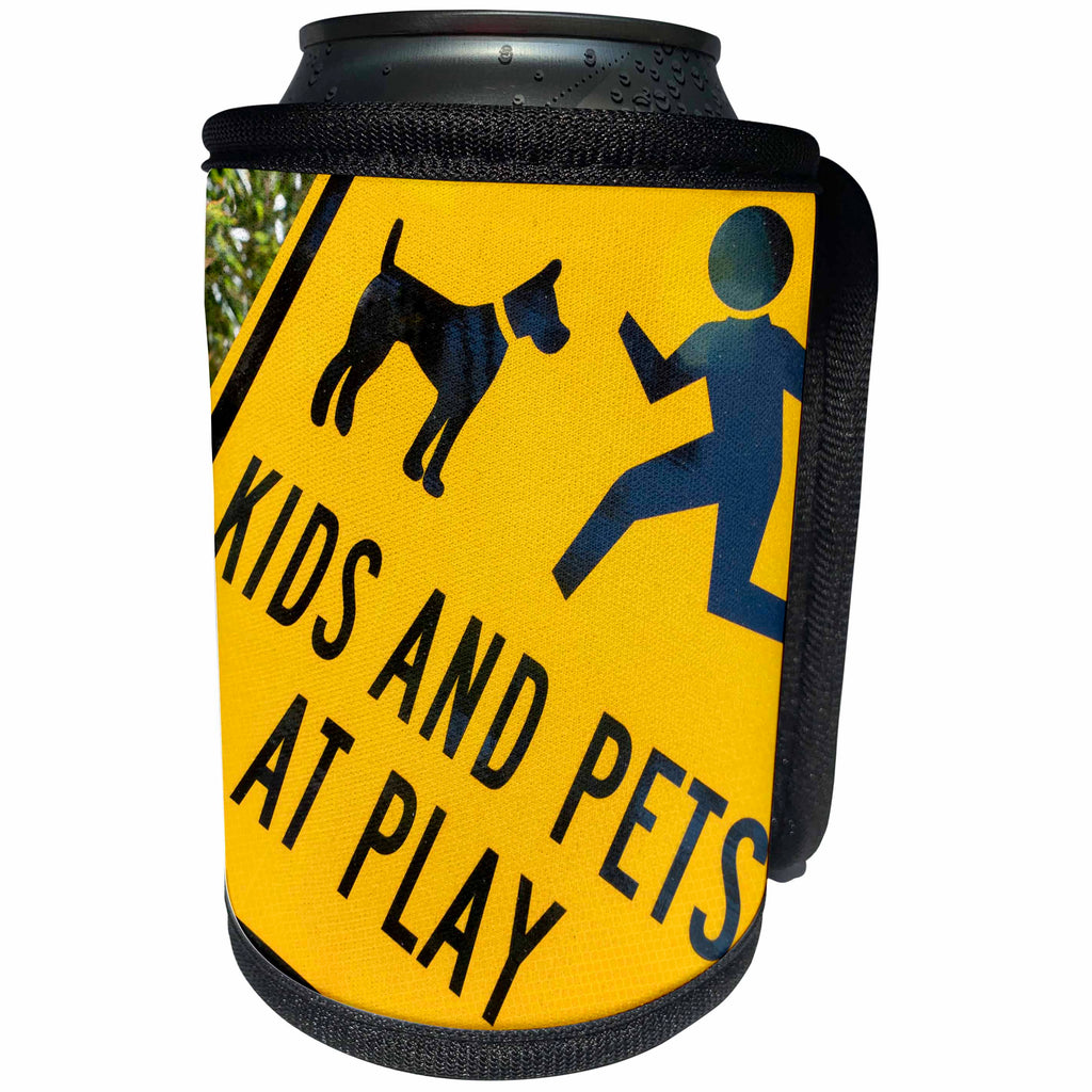 3dRose Danita Delimont - Sign - Kids and Pets at Play, warning sign, Fire Island, New York, USA - Can Cooler Bottle Wrap (cc_251287)
