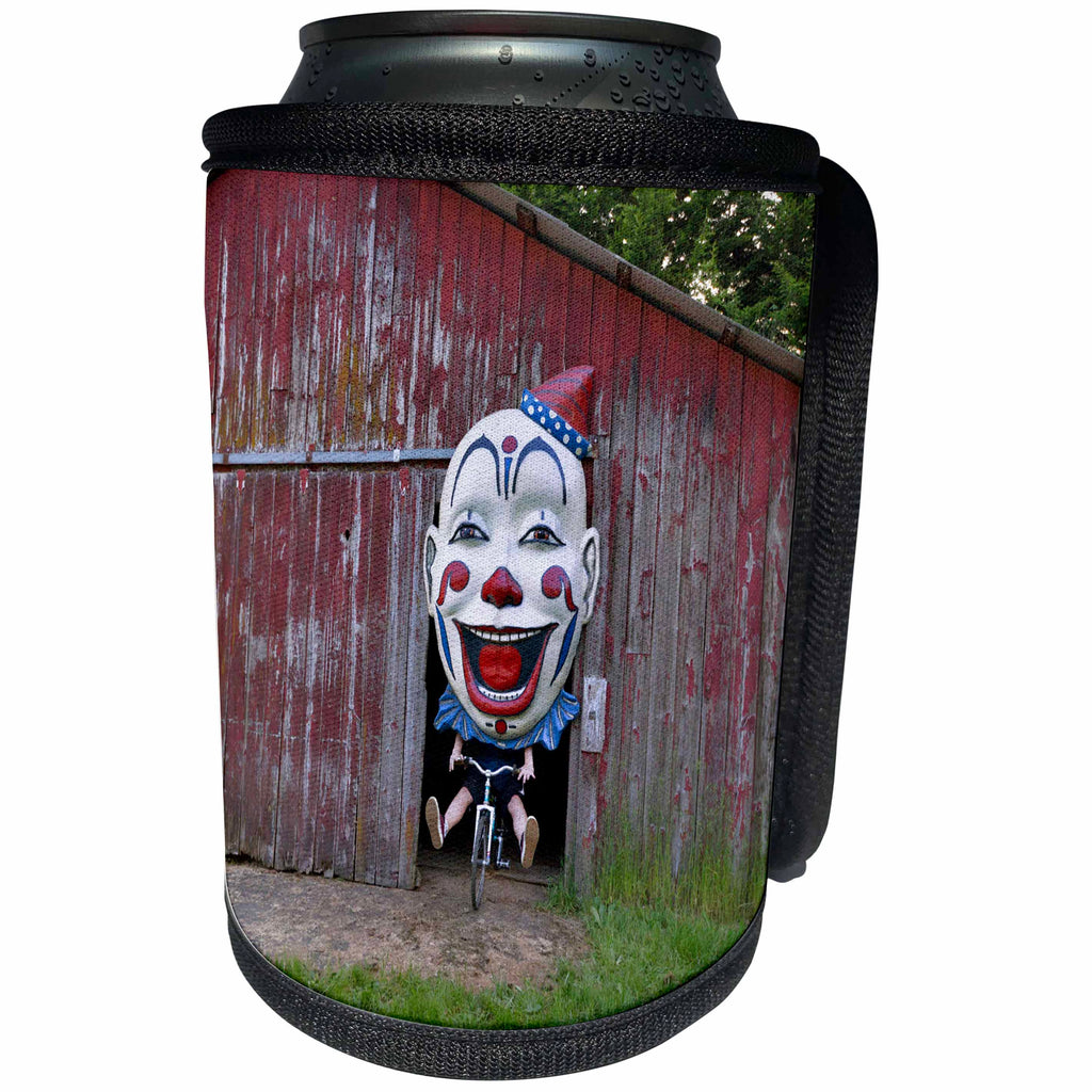 3dRose Danita Delimont - Oregon - Oregon, Oregon City. Clown face on bike in door of old red barn. - Can Cooler Bottle Wrap (cc_251324)