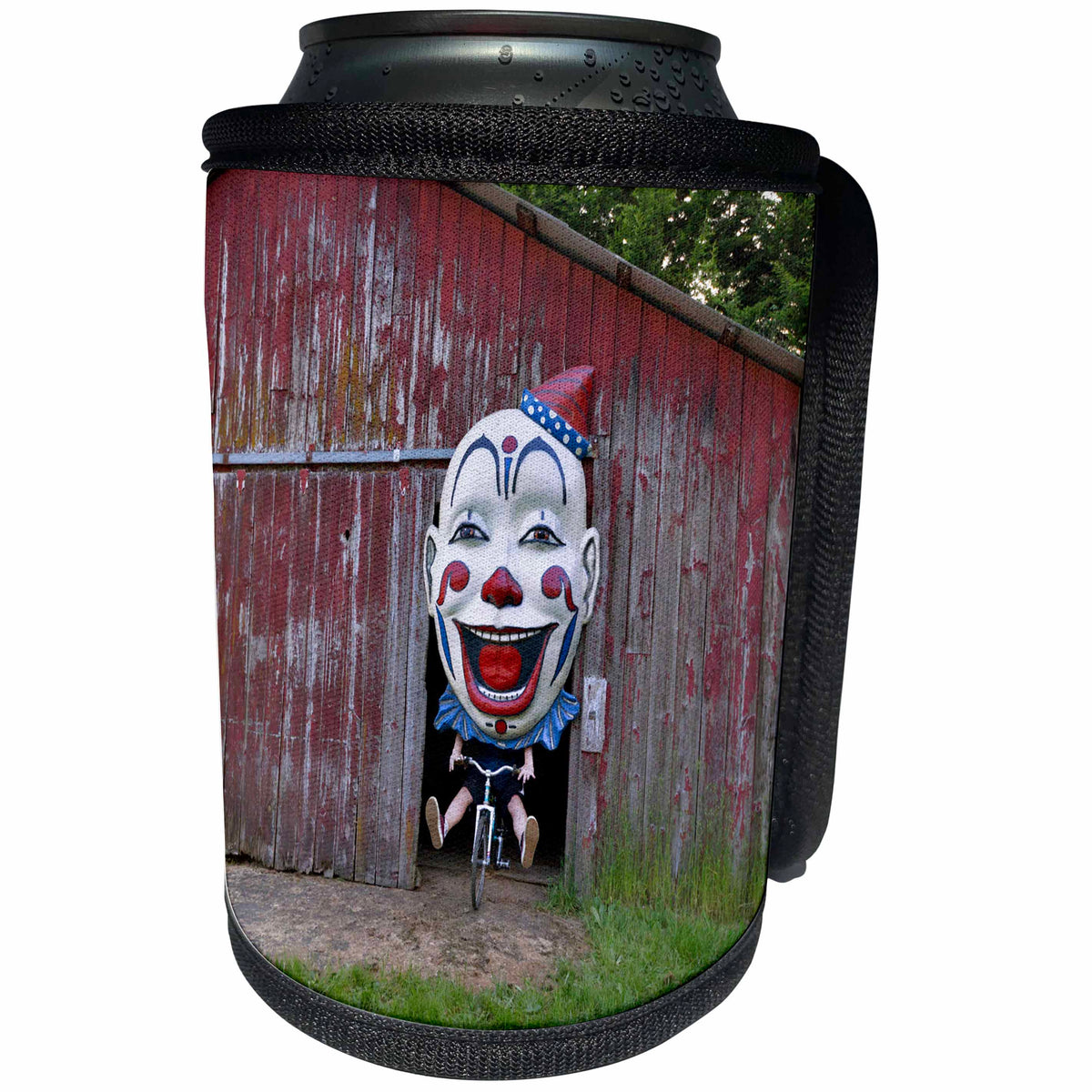 3dRose Danita Delimont - Oregon - Oregon, Oregon City. Clown face on bike in door of old red barn. - Can Cooler Bottle Wrap (cc_251324)