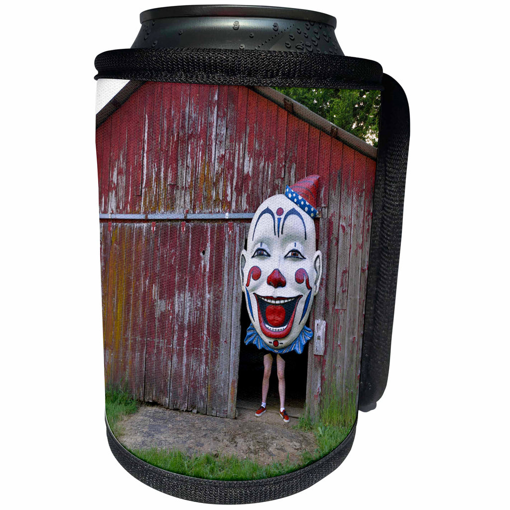 3dRose Danita Delimont - Oregon - Oregon, Oregon City. Person holding clown face in door of red barn. - Can Cooler Bottle Wrap (cc_251325)