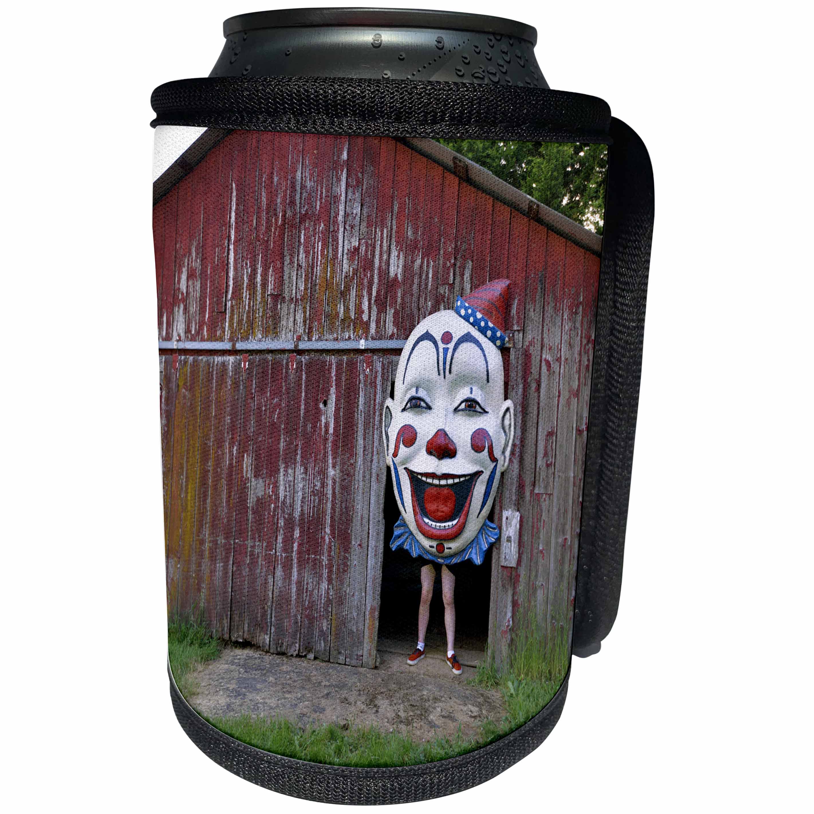 3dRose Danita Delimont - Oregon - Oregon, Oregon City. Person holding clown face in door of red barn. - Can Cooler Bottle Wrap (cc_251325)