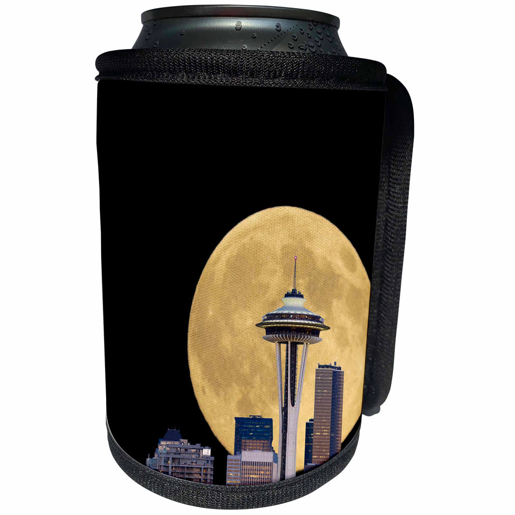 3dRose Danita Delimont - Seattle - WA, Seattle, skyline view with full moon. Composite image, moon added. - Can Cooler Bottle Wrap (cc_251528)